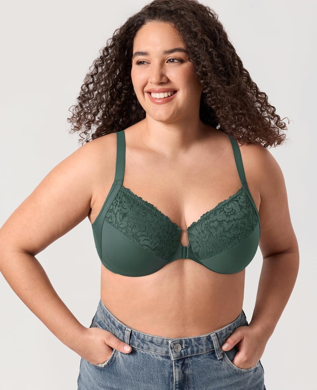 image:imageDELIMIRA Womens Front Closure Bras Posture Full Coverage Plus Size Lace Underwire Unlined BraMidnight Emerald