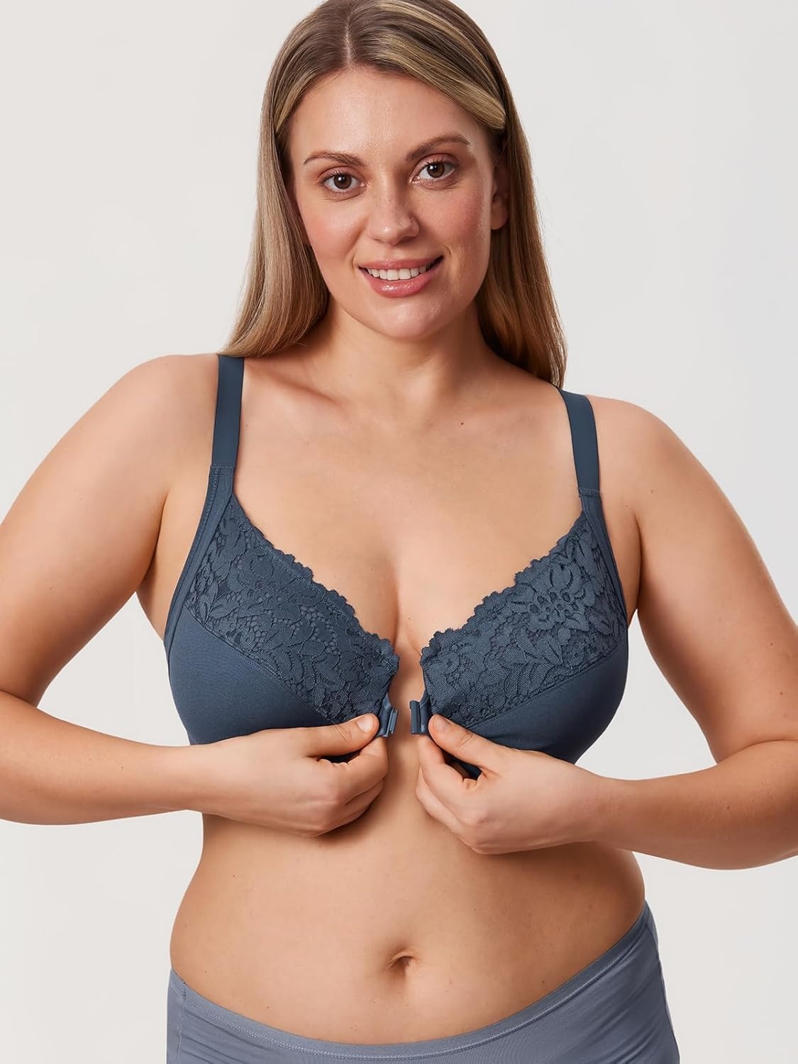image:imageDELIMIRA Womens Front Closure Bras Posture Full Coverage Plus Size Lace Underwire Unlined BraSargasso
