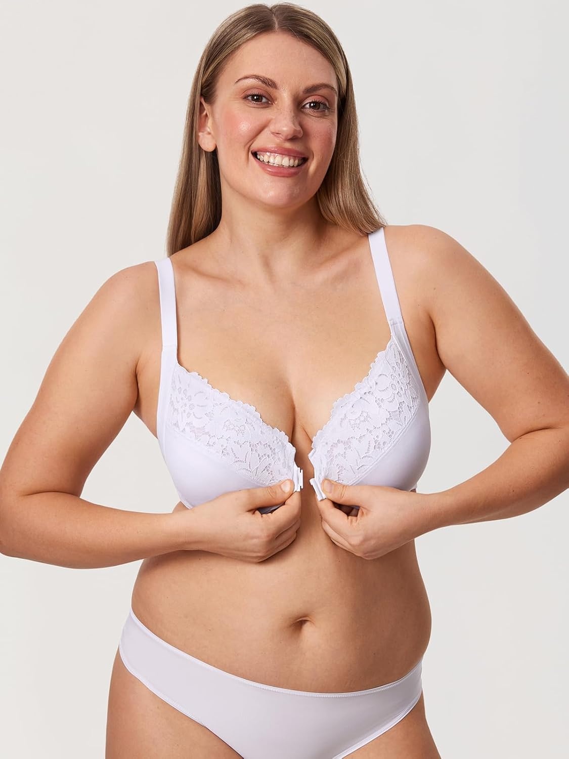 image:imageDELIMIRA Womens Front Closure Bras Posture Full Coverage Plus Size Lace Underwire Unlined BraWhite