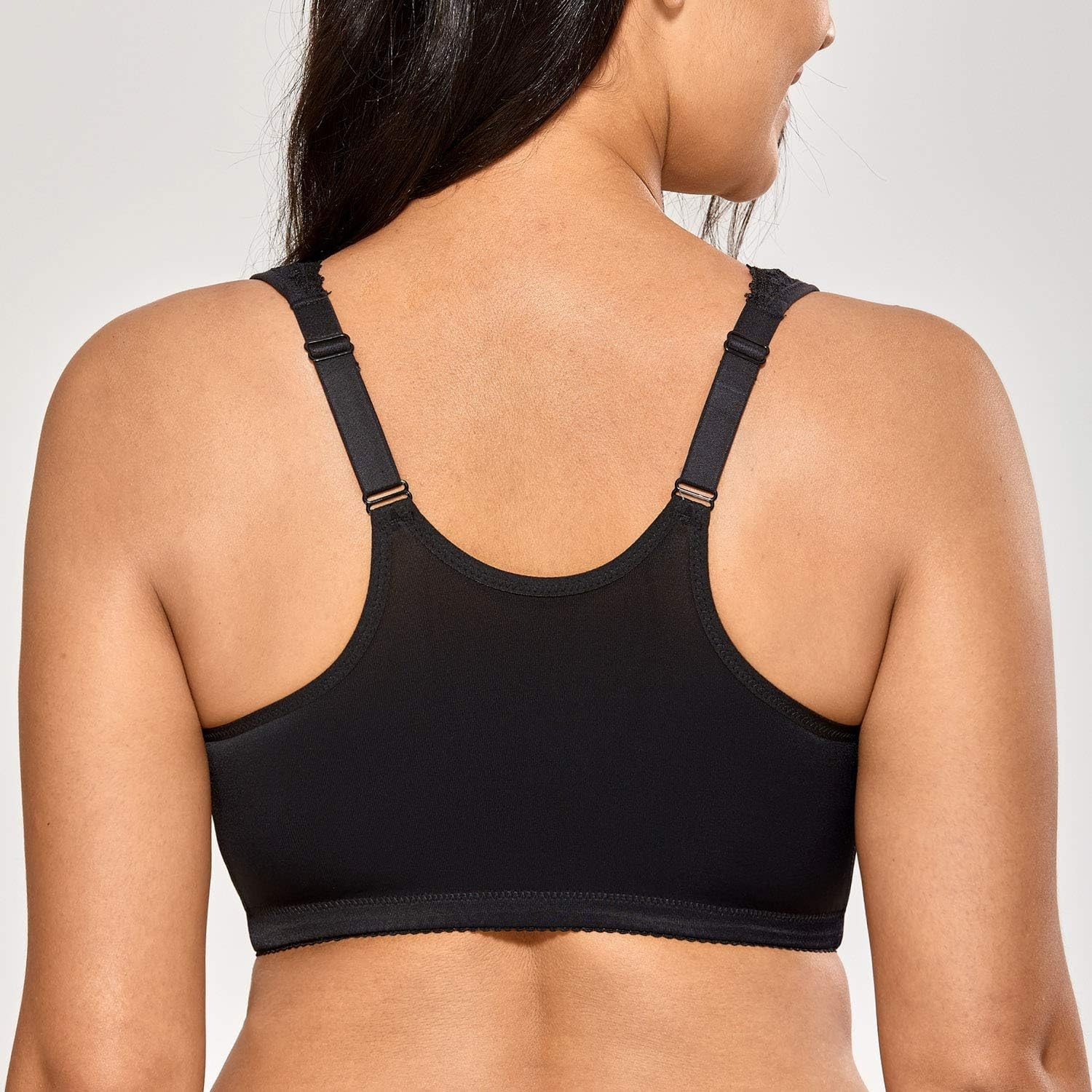 image:imageDELIMIRA Womens Front Closure Bras Racerback No Underwire Plus Size Full Coverage Lace Cotton BraBlack