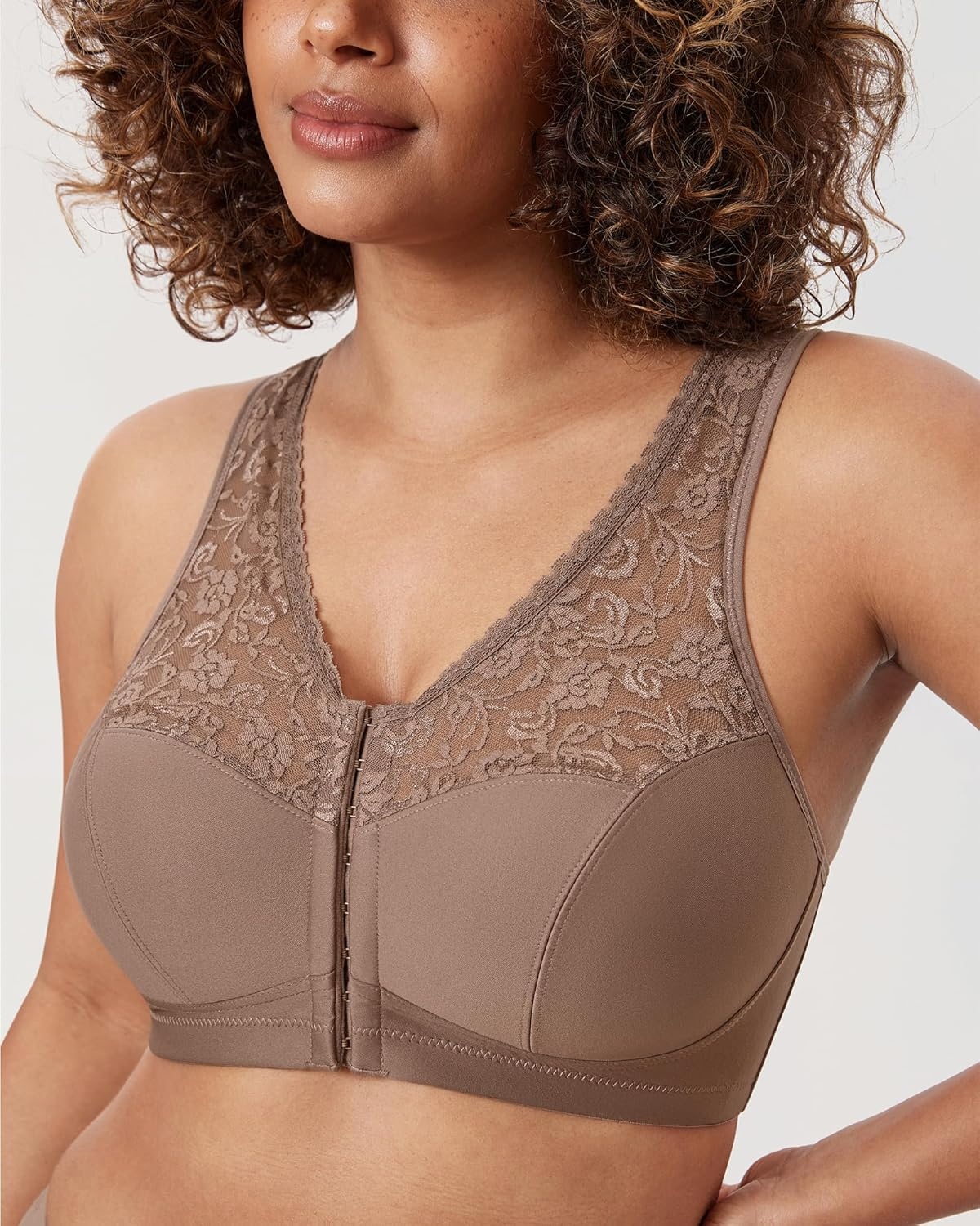 image:imageDELIMIRA Womens Front Closure Bras Racerback No Underwire Plus Size Full Coverage Lace Cotton BraBrown Purple