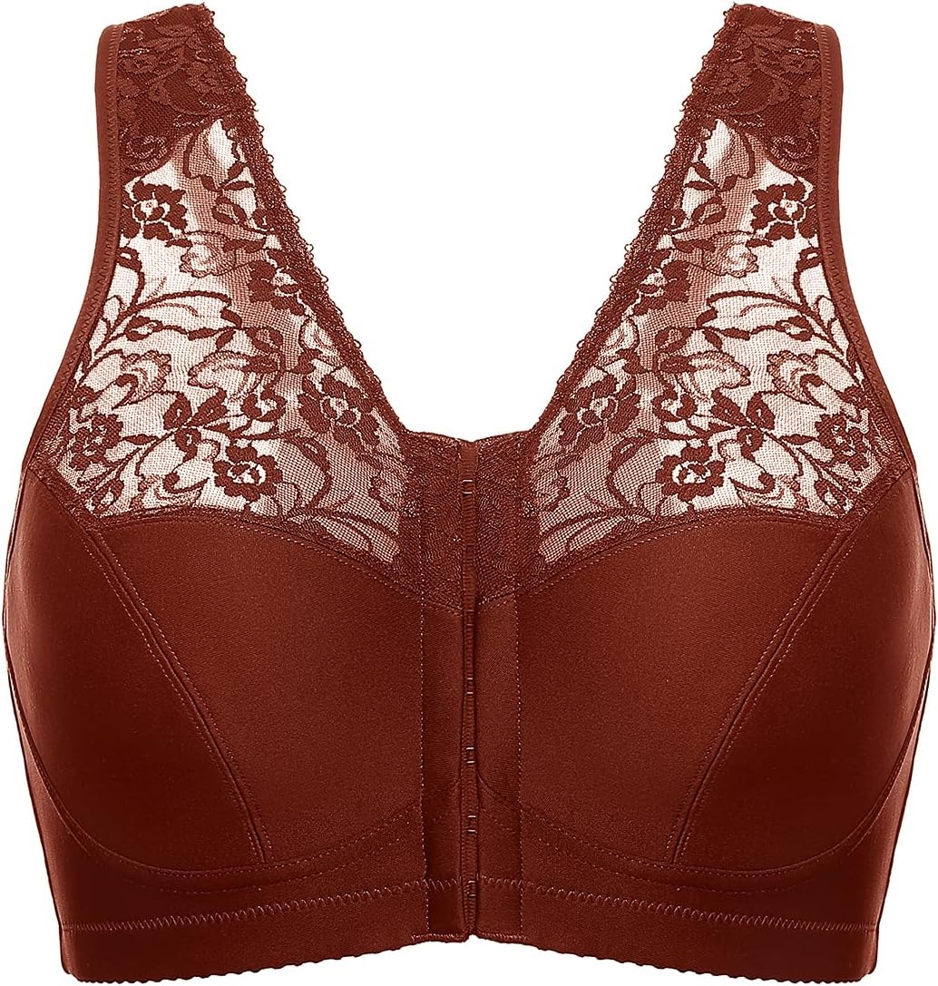 image:imageDELIMIRA Womens Front Closure Bras Racerback No Underwire Plus Size Full Coverage Lace Cotton BraDark Rust