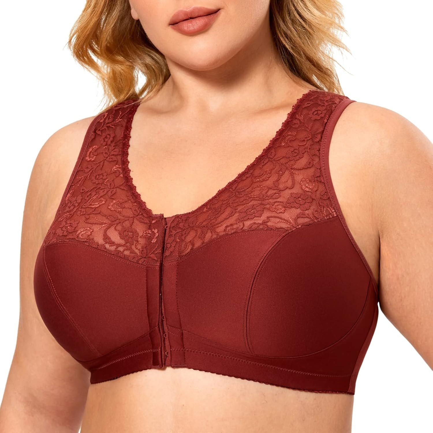 image:imageDELIMIRA Womens Front Closure Bras Racerback No Underwire Plus Size Full Coverage Lace Cotton BraDark Rust