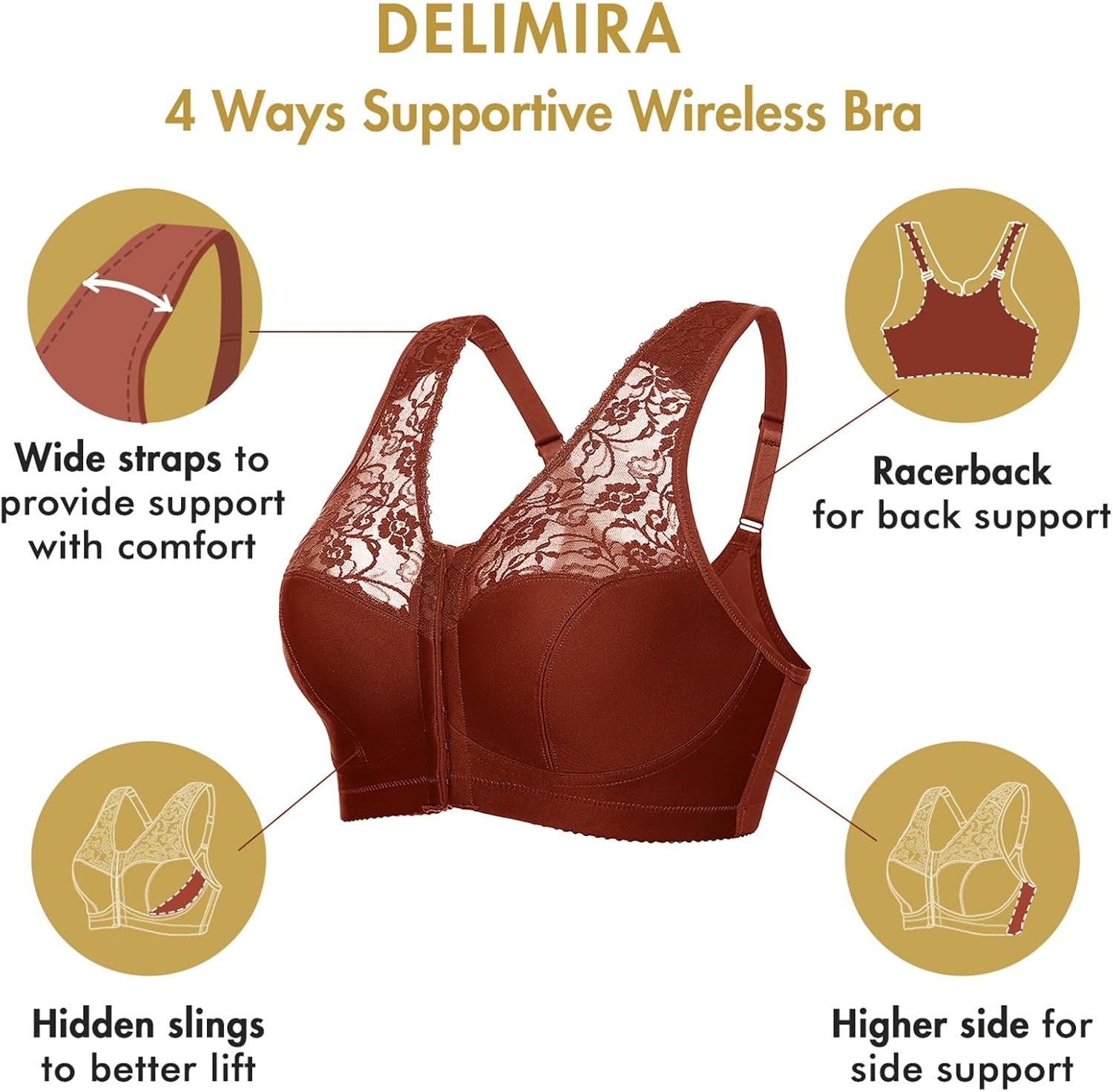 image:imageDELIMIRA Womens Front Closure Bras Racerback No Underwire Plus Size Full Coverage Lace Cotton BraLipstick Red