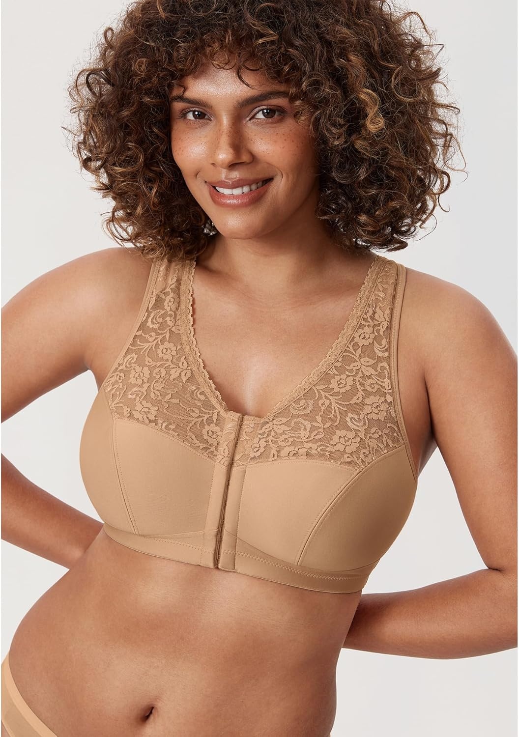 image:imageDELIMIRA Womens Front Closure Bras Racerback No Underwire Plus Size Full Coverage Lace Cotton BraNatural