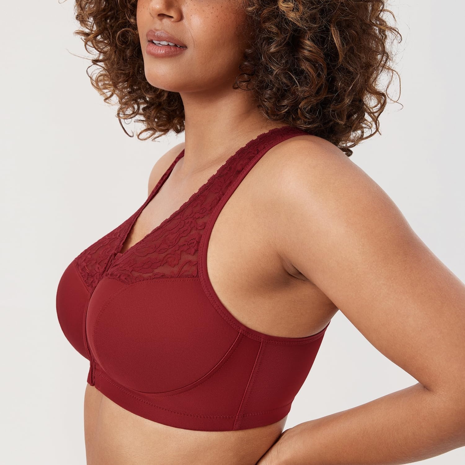 image:imageDELIMIRA Womens Front Closure Bras Racerback No Underwire Plus Size Full Coverage Lace Cotton BraRed Revelry