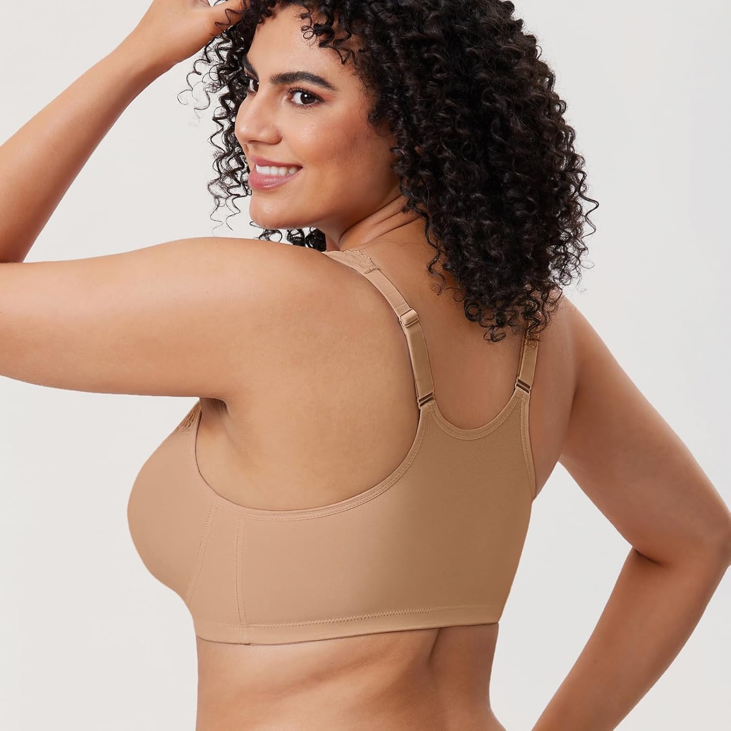 image:imageDELIMIRA Womens Front Closure Bras Racerback No Underwire Plus Size Full Coverage Lace Cotton BraTaupe Tan
