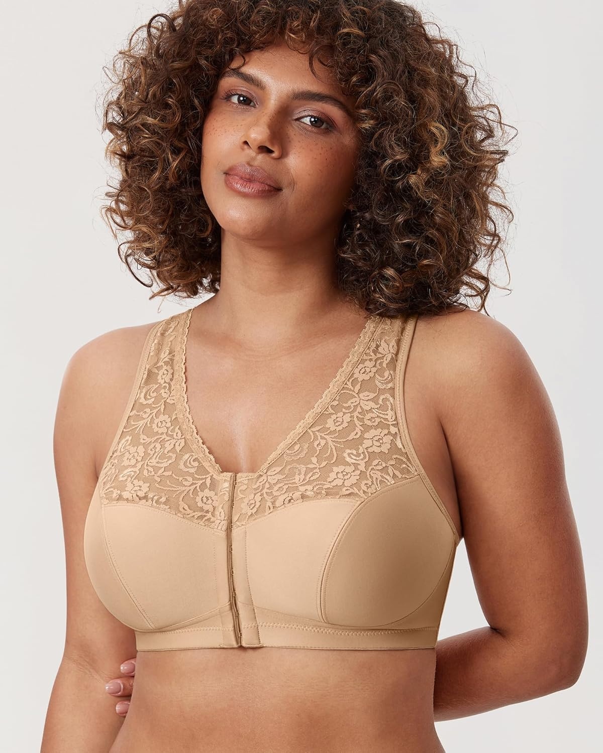 image:imageDELIMIRA Womens Front Closure Bras Racerback No Underwire Plus Size Full Coverage Lace Cotton BraWarm Beige