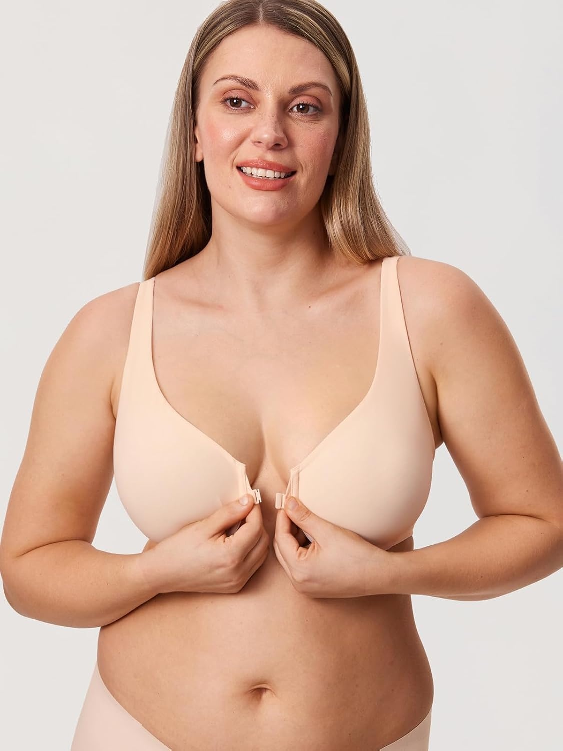 image:imageDELIMIRA Womens Front Closure Bras Seamless Plus Size Plunge Underwire Unlined Comfortable BraApricot Pink