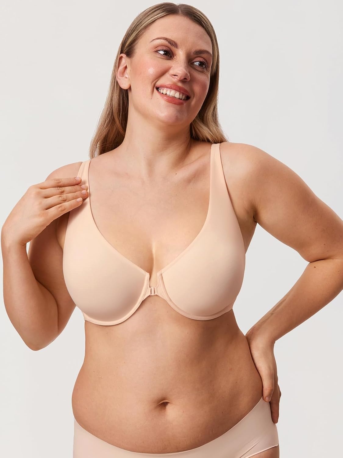 image:imageDELIMIRA Womens Front Closure Bras Seamless Plus Size Plunge Underwire Unlined Comfortable BraApricot Pink