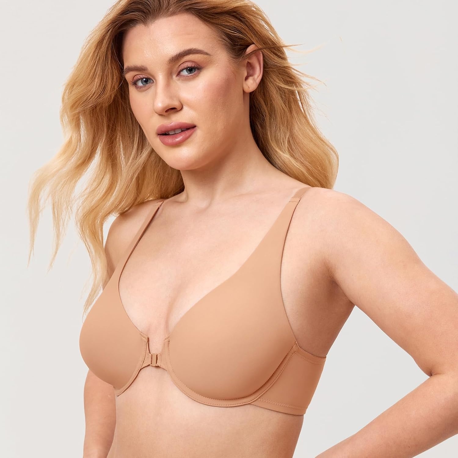 image:imageDELIMIRA Womens Front Closure Bras Seamless Plus Size Plunge Underwire Unlined Comfortable BraBarely Buff