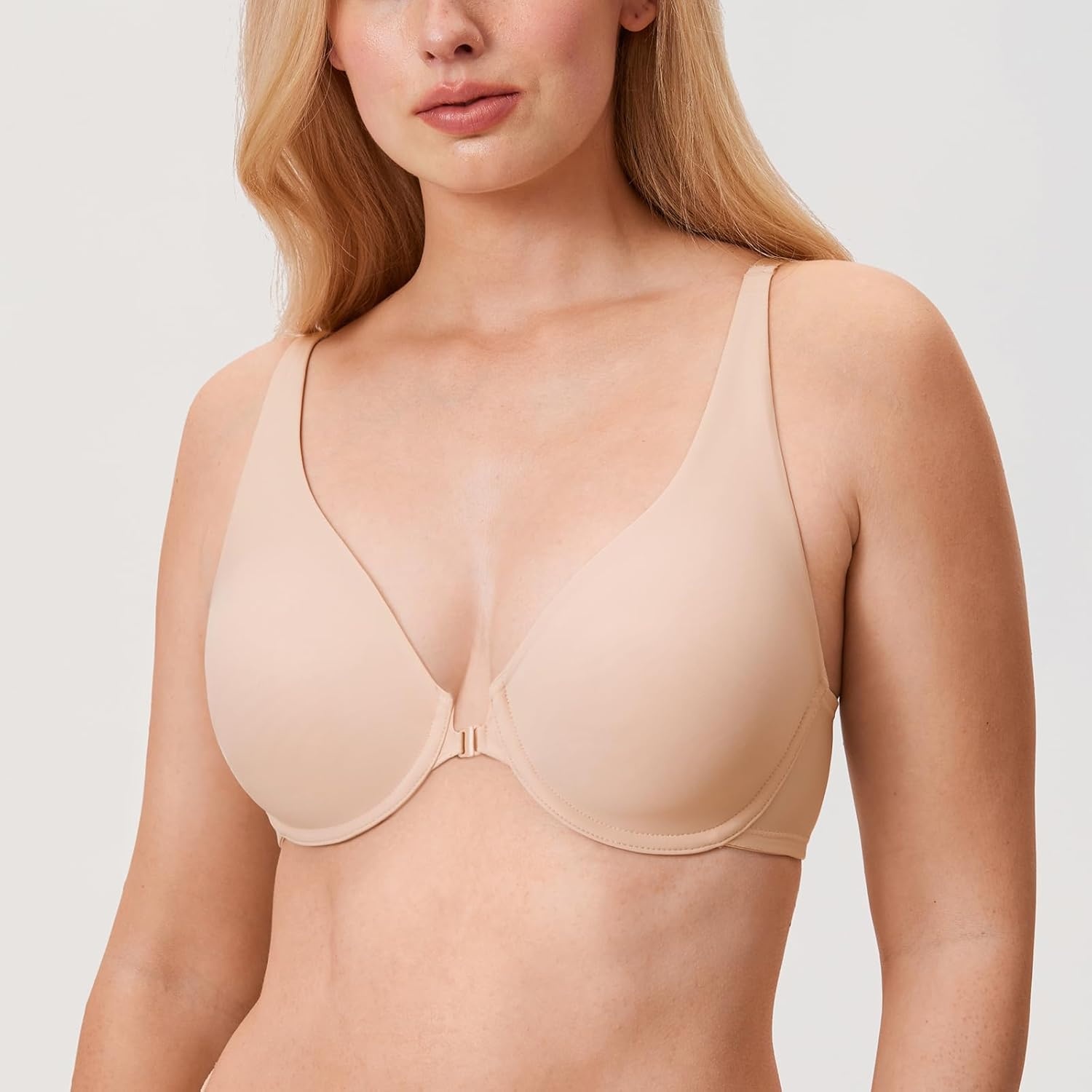 image:imageDELIMIRA Womens Front Closure Bras Seamless Plus Size Plunge Underwire Unlined Comfortable BraBeige