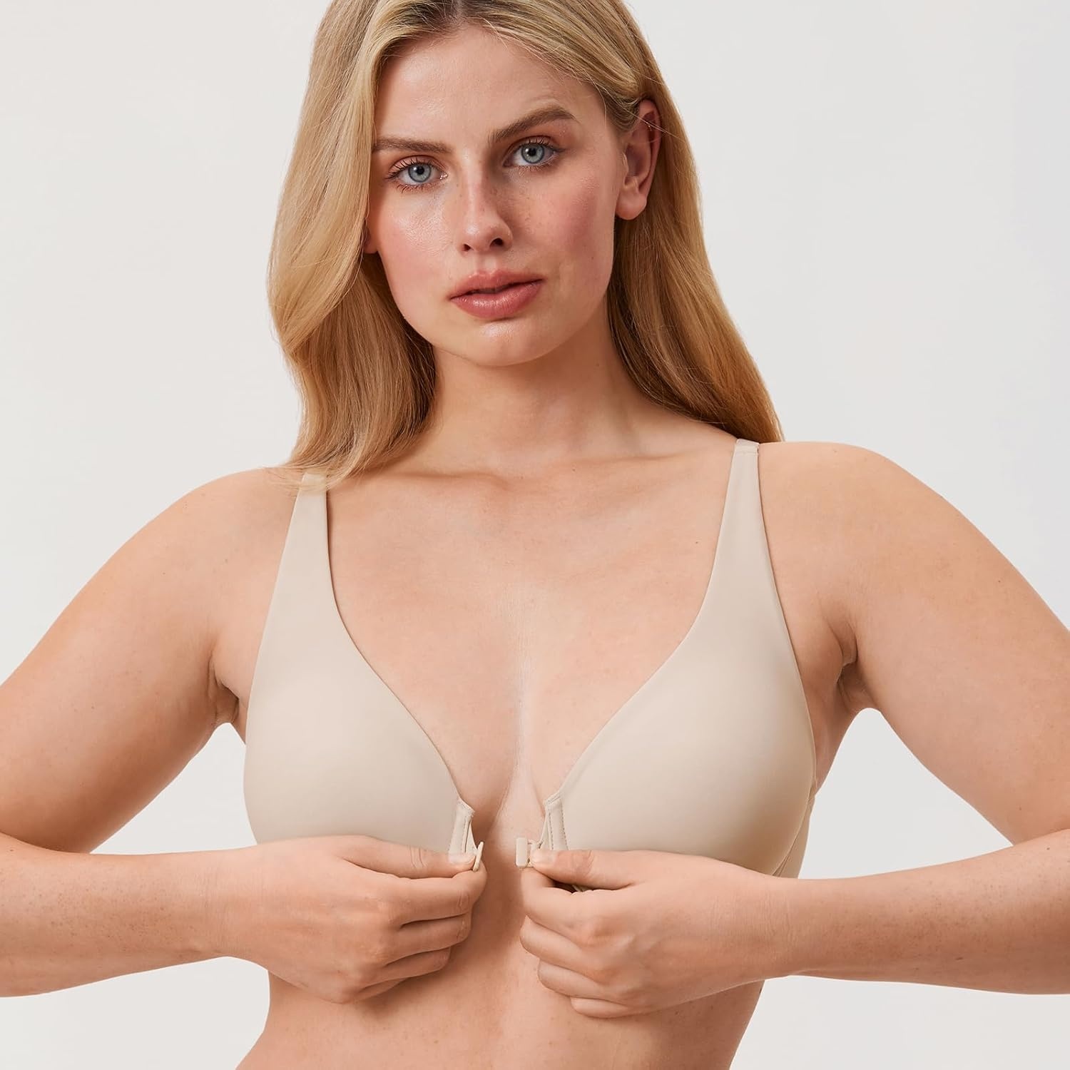 image:imageDELIMIRA Womens Front Closure Bras Seamless Plus Size Plunge Underwire Unlined Comfortable BraFlax Beige