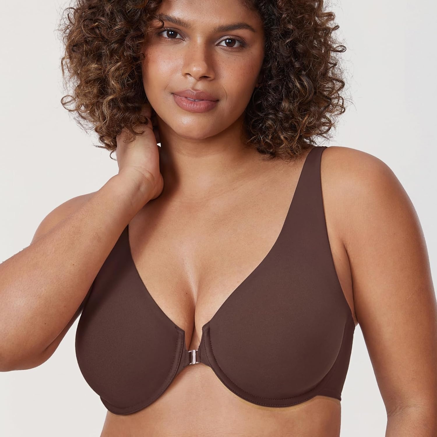 image:imageDELIMIRA Womens Front Closure Bras Seamless Plus Size Plunge Underwire Unlined Comfortable BraHazelnut