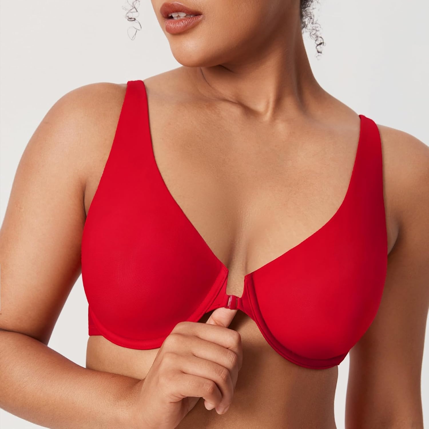 image:imageDELIMIRA Womens Front Closure Bras Seamless Plus Size Plunge Underwire Unlined Comfortable BraLipstick Red