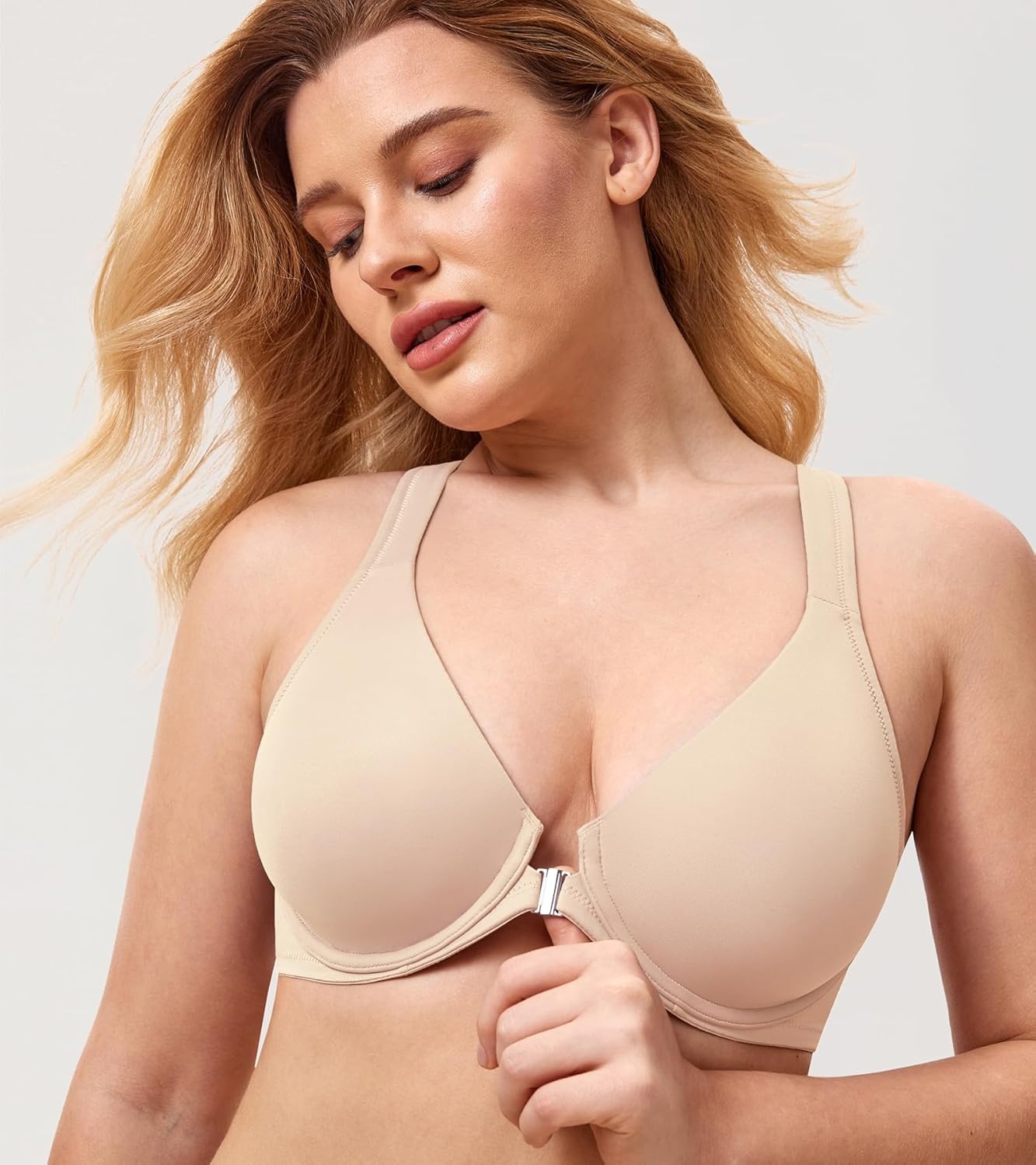 image:imageDELIMIRA Womens Front Closure Full Coverage Bras Plus Size Underwire Racerback Supportive Plunge Unlined BraBeige