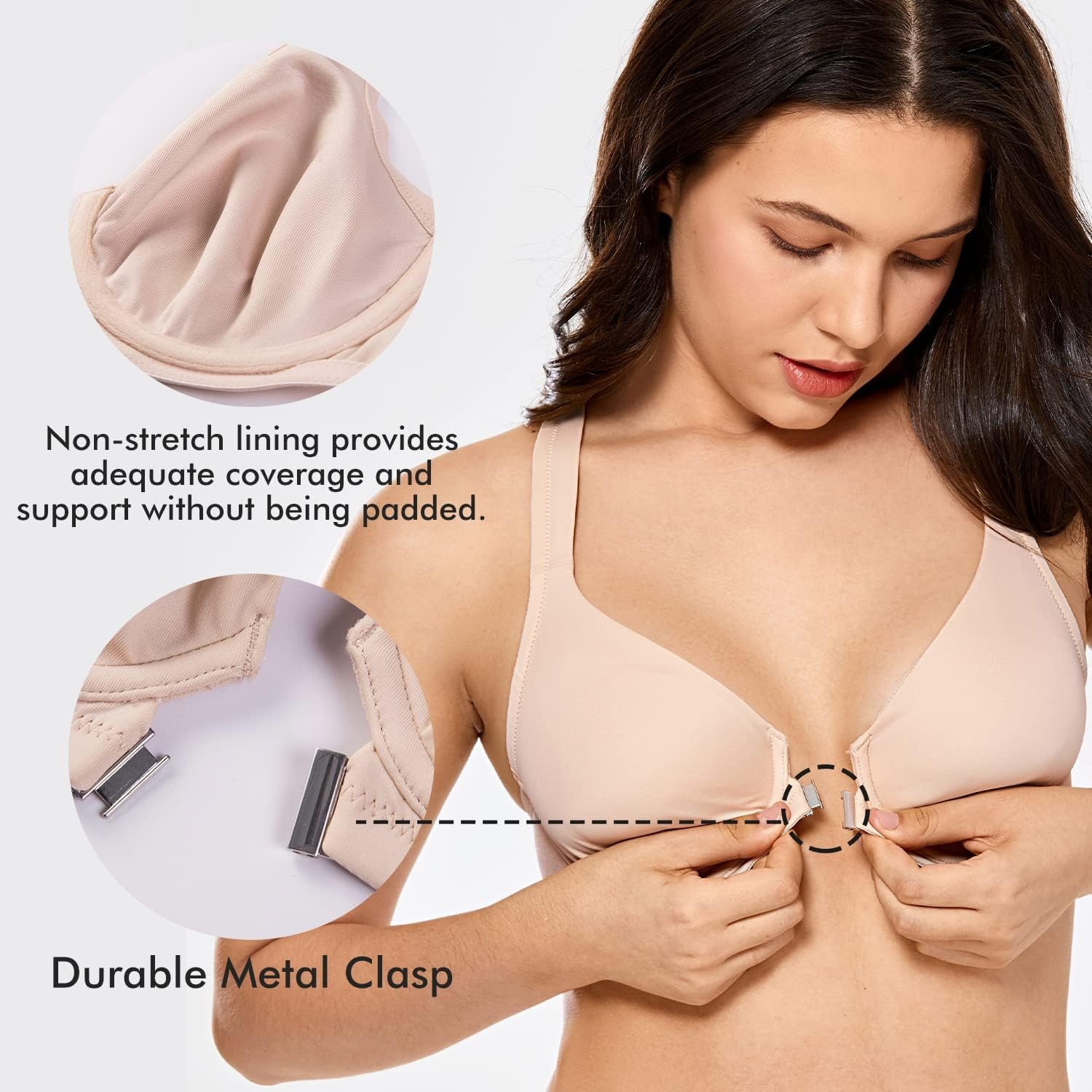 image:imageDELIMIRA Womens Front Closure Full Coverage Bras Plus Size Underwire Racerback Supportive Plunge Unlined BraBlack