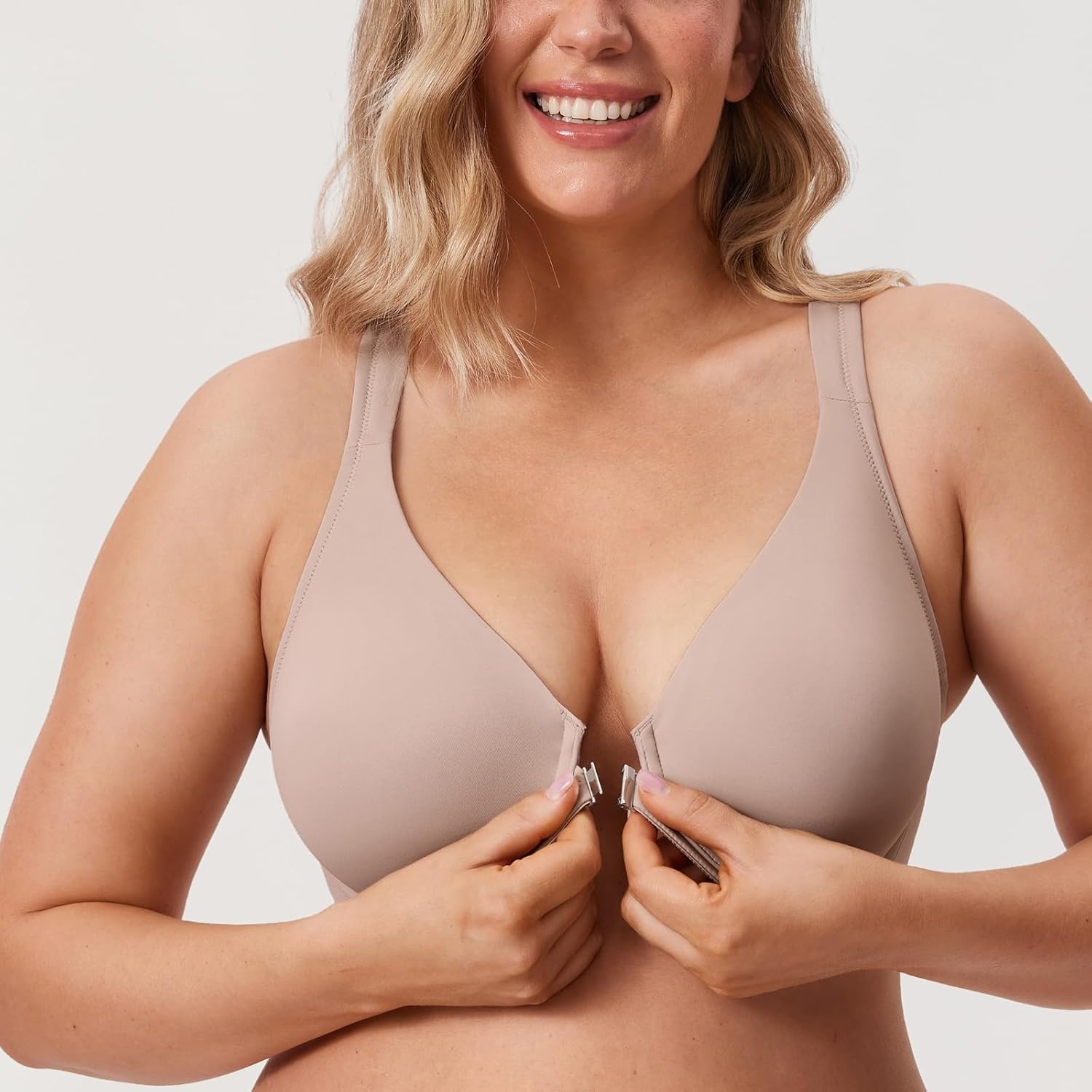image:imageDELIMIRA Womens Front Closure Full Coverage Bras Plus Size Underwire Racerback Supportive Plunge Unlined BraSea Fog