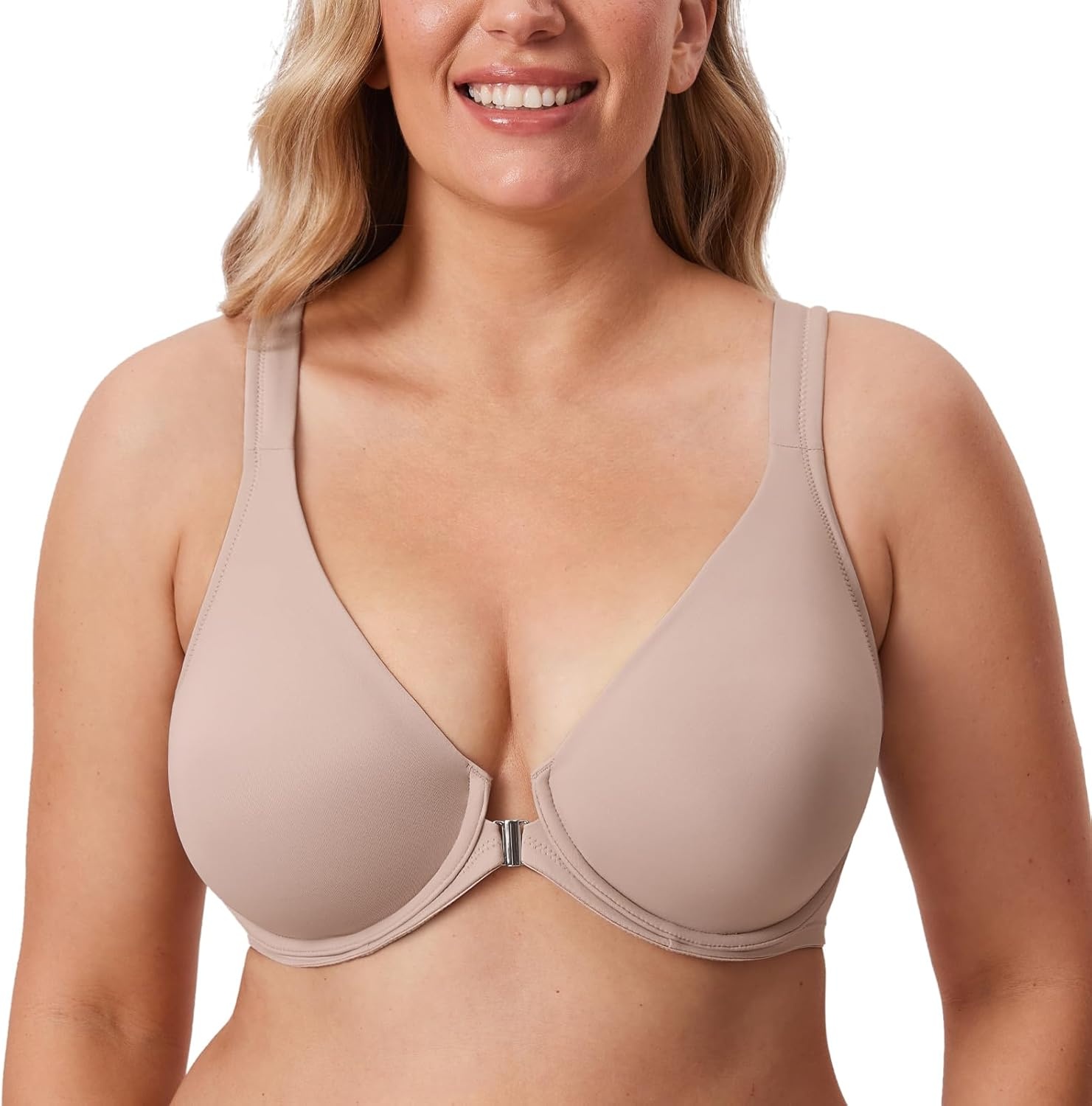 image:imageDELIMIRA Womens Front Closure Full Coverage Bras Plus Size Underwire Racerback Supportive Plunge Unlined BraSea Fog