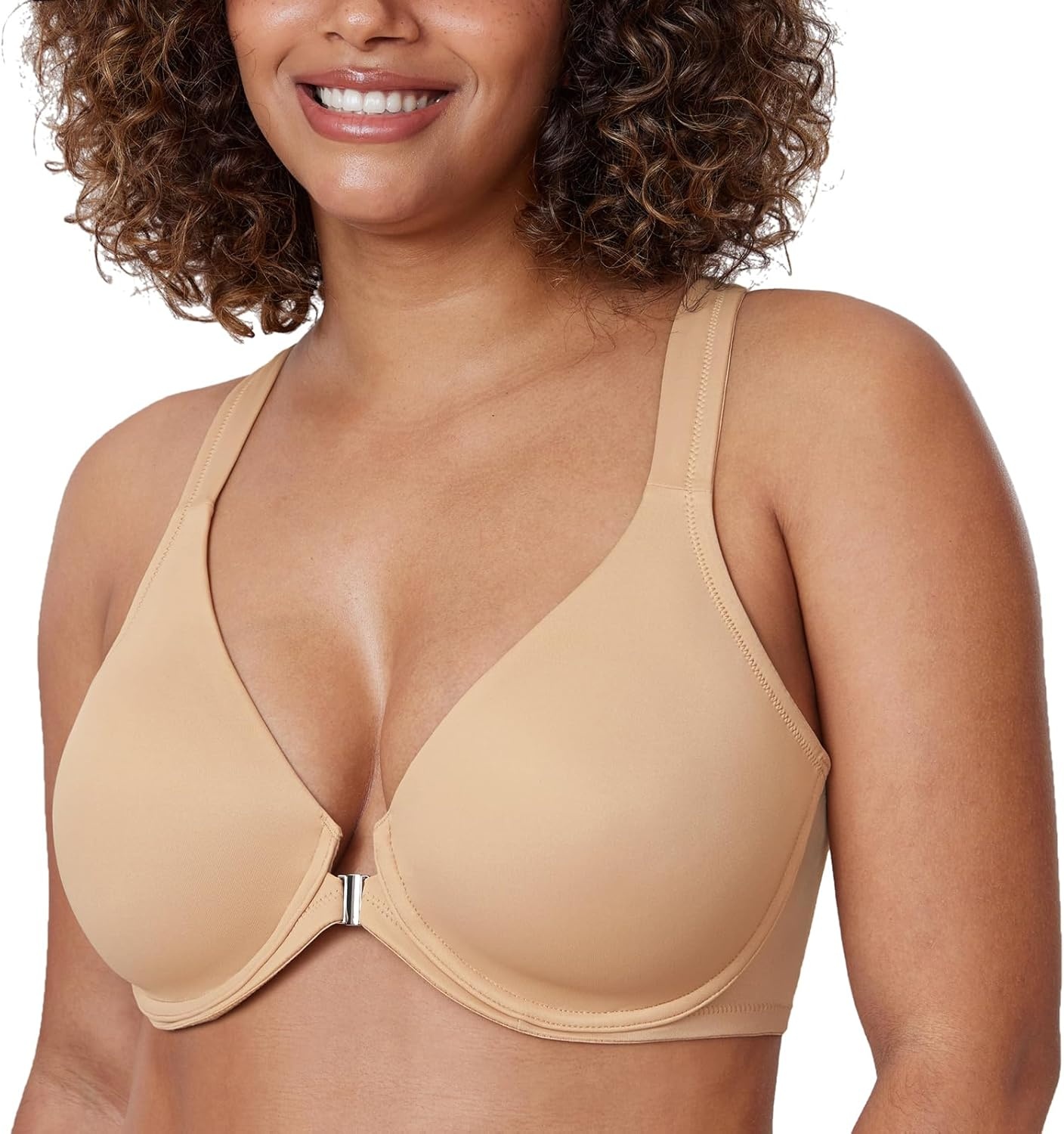 image:imageDELIMIRA Womens Front Closure Full Coverage Bras Plus Size Underwire Racerback Supportive Plunge Unlined BraWarm Beige