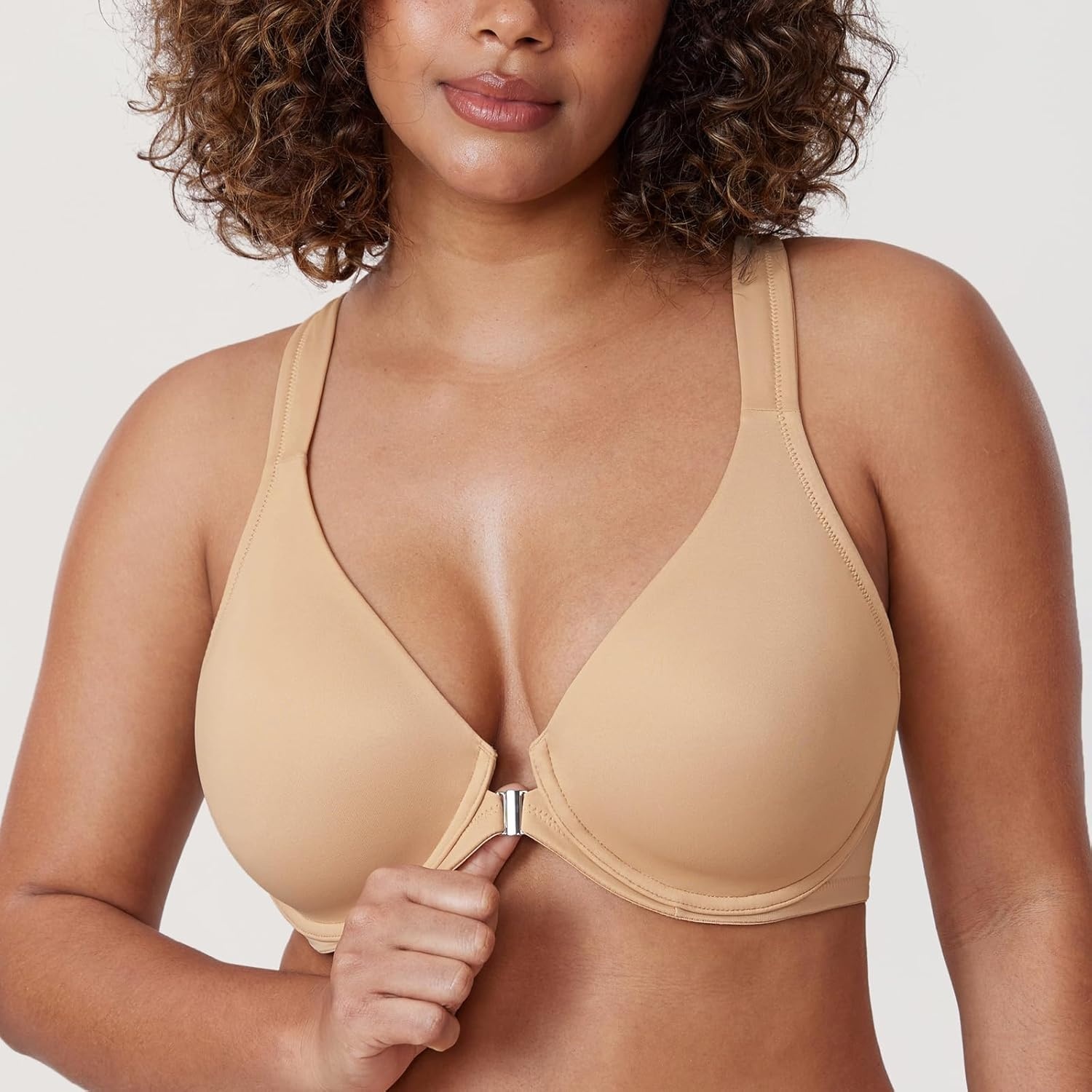 image:imageDELIMIRA Womens Front Closure Full Coverage Bras Plus Size Underwire Racerback Supportive Plunge Unlined BraWarm Beige