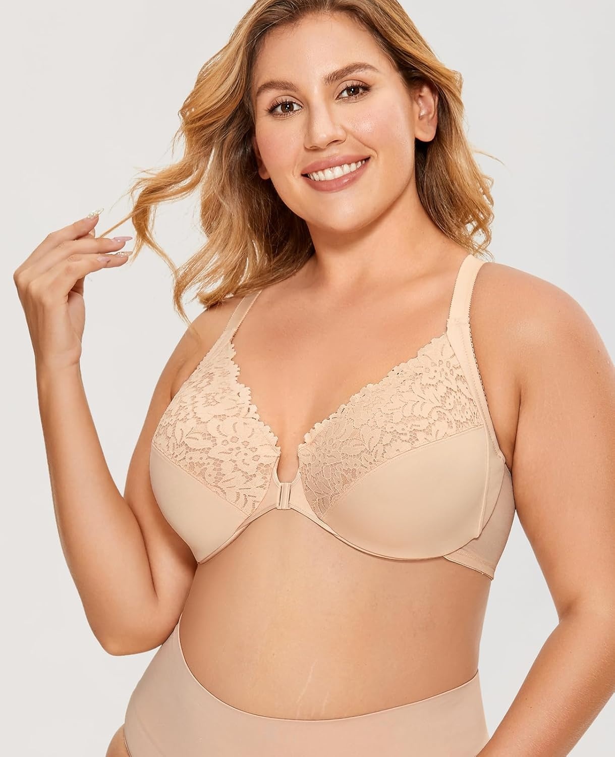 image:imageDELIMIRA Womens Front Closure Plus Size Full Coverage Lace Underwire Racerback BraBeige