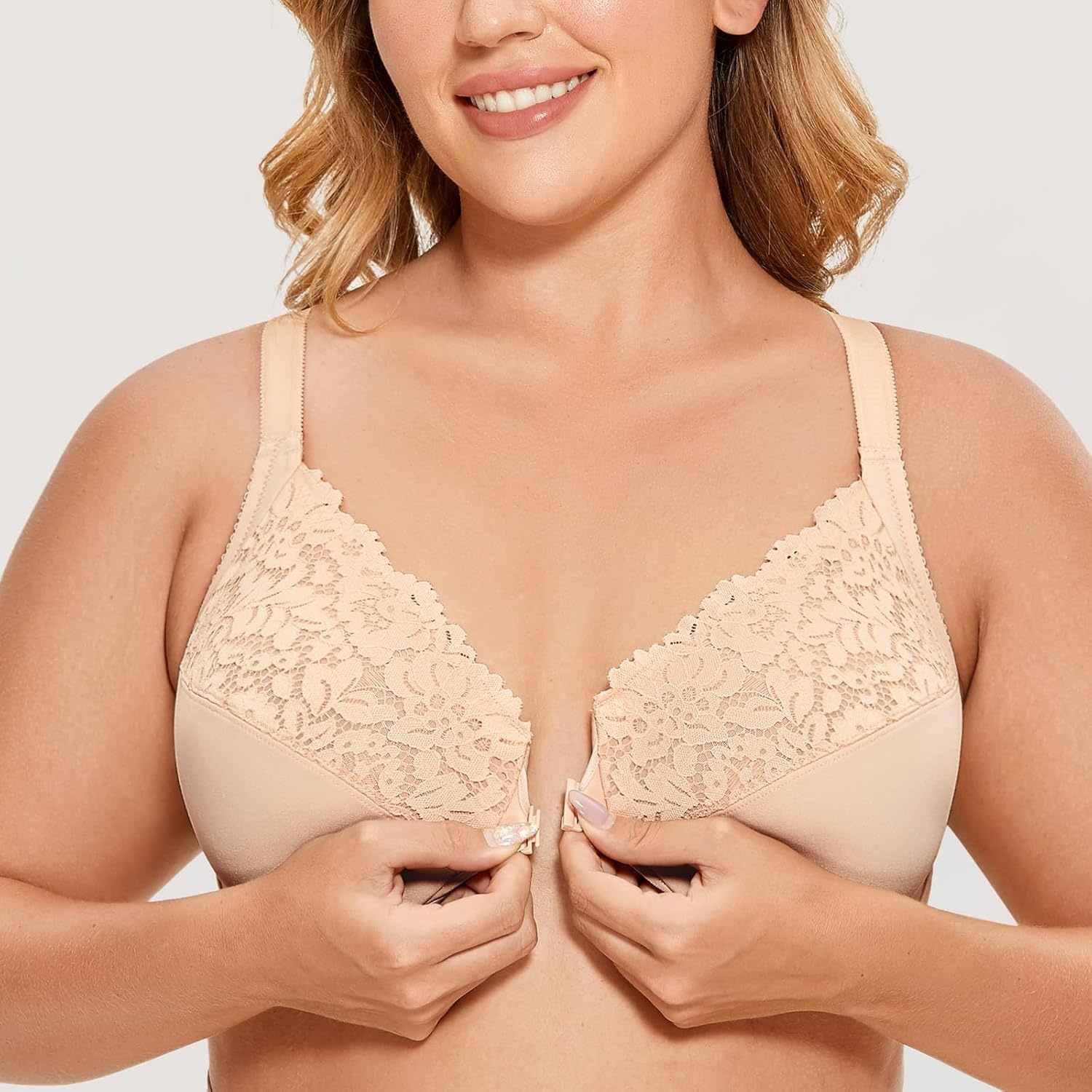 image:imageDELIMIRA Womens Front Closure Plus Size Full Coverage Lace Underwire Racerback BraBeige