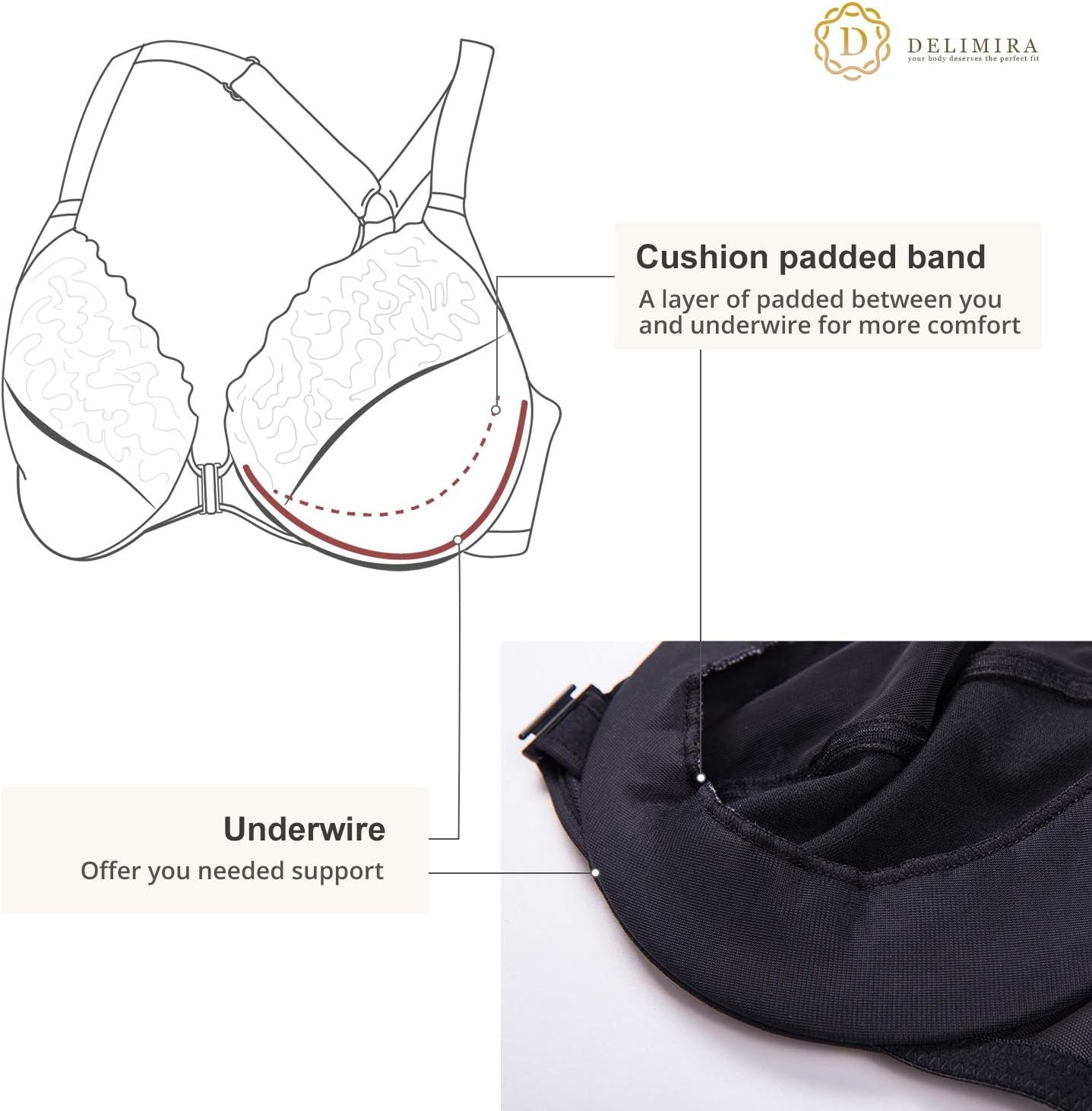 image:imageDELIMIRA Womens Front Closure Plus Size Full Coverage Lace Underwire Racerback BraBlack
