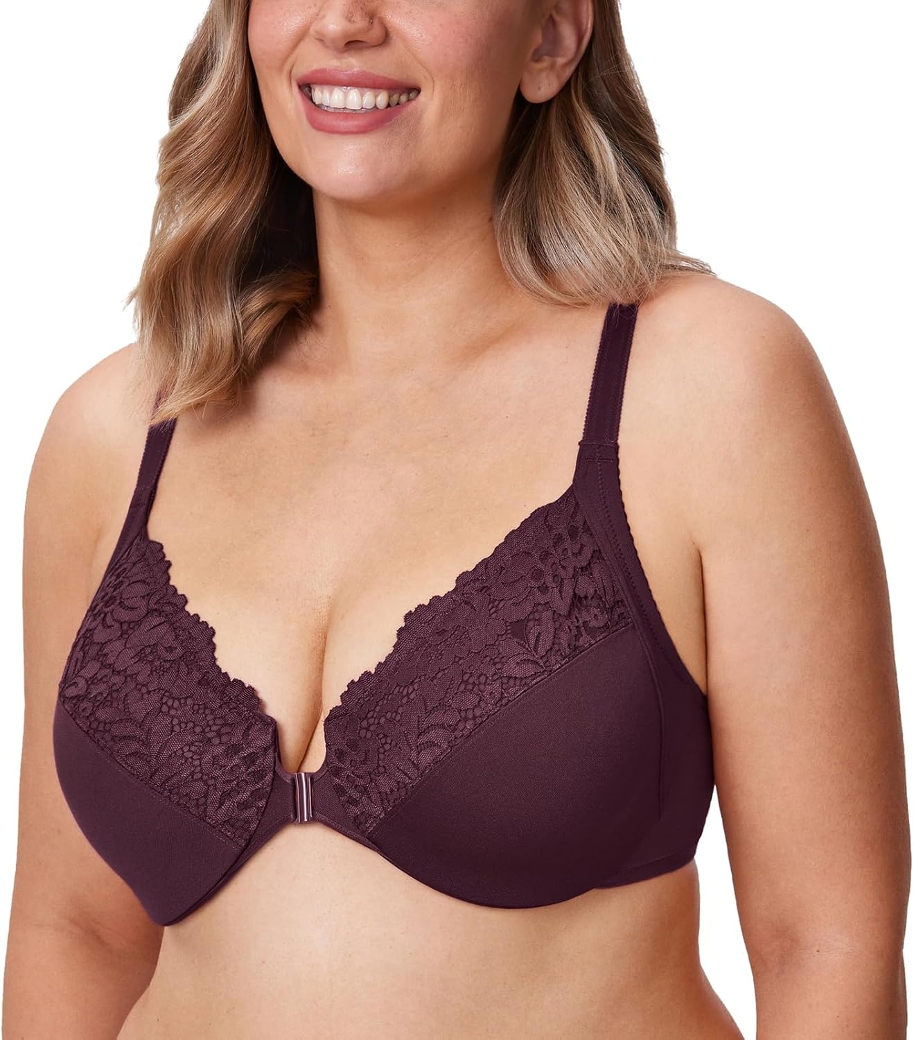 image:imageDELIMIRA Womens Front Closure Plus Size Full Coverage Lace Underwire Racerback BraCurrant