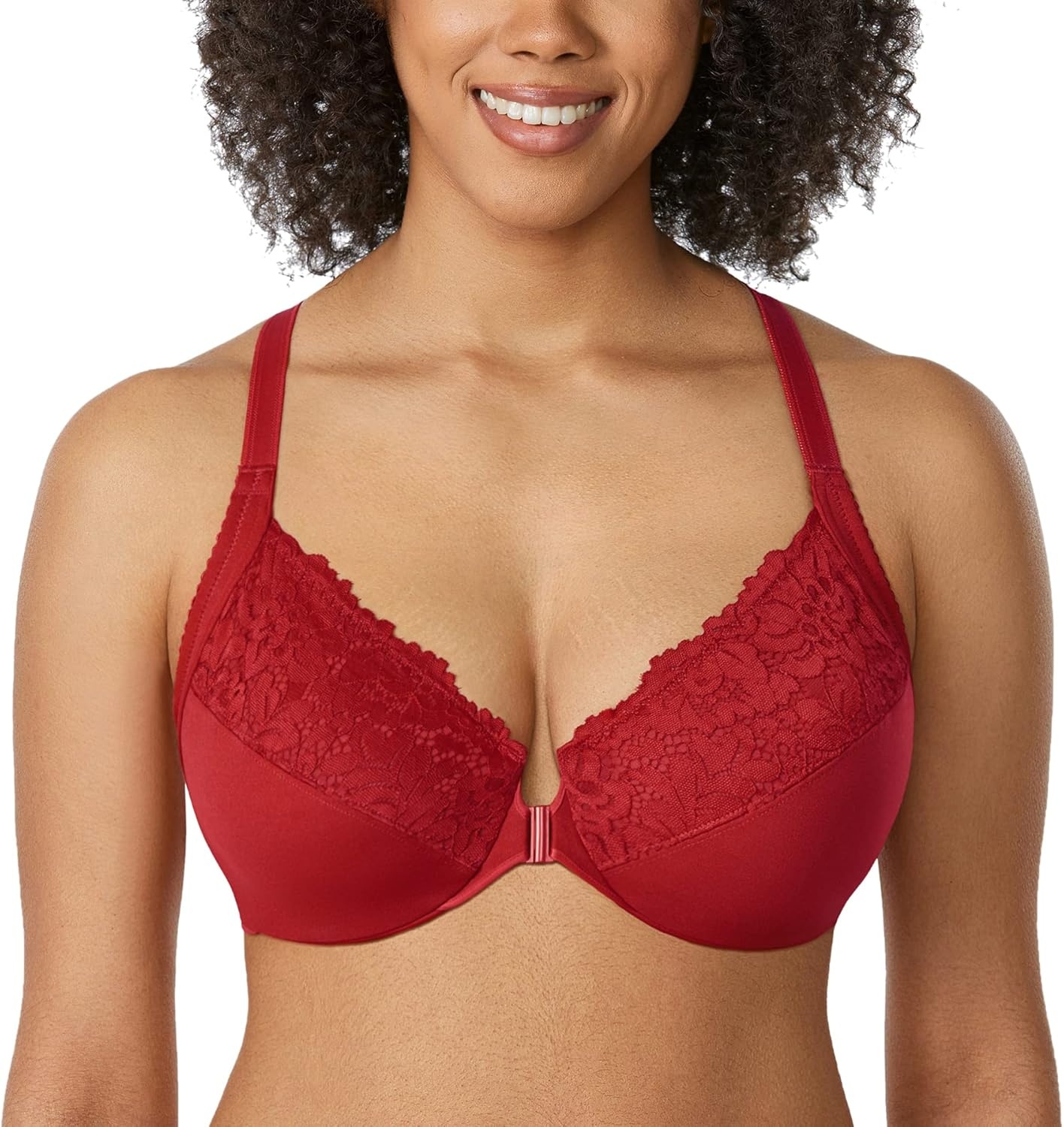 image:imageDELIMIRA Womens Front Closure Plus Size Full Coverage Lace Underwire Racerback BraDark Red