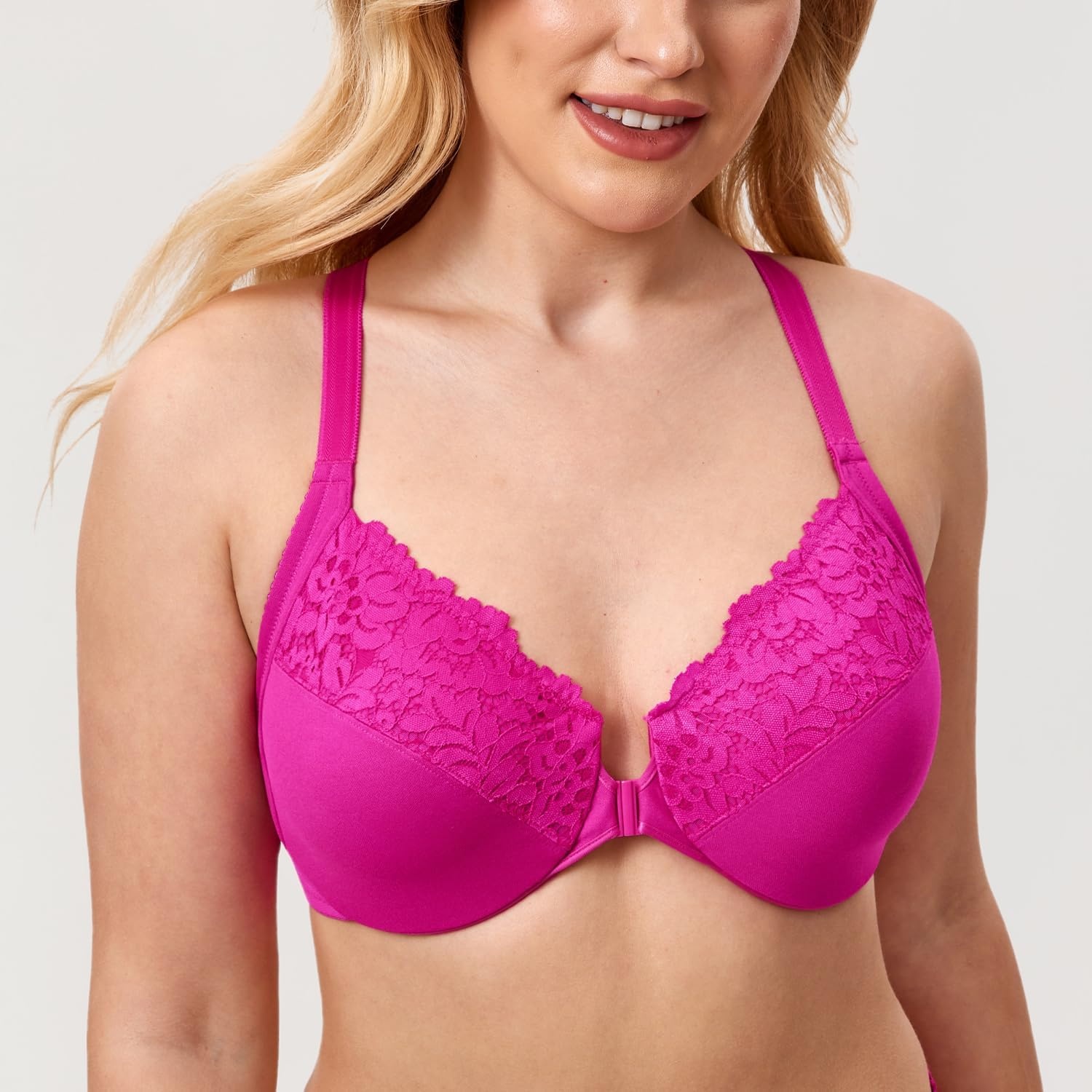 image:imageDELIMIRA Womens Front Closure Plus Size Full Coverage Lace Underwire Racerback BraGlitter Pink