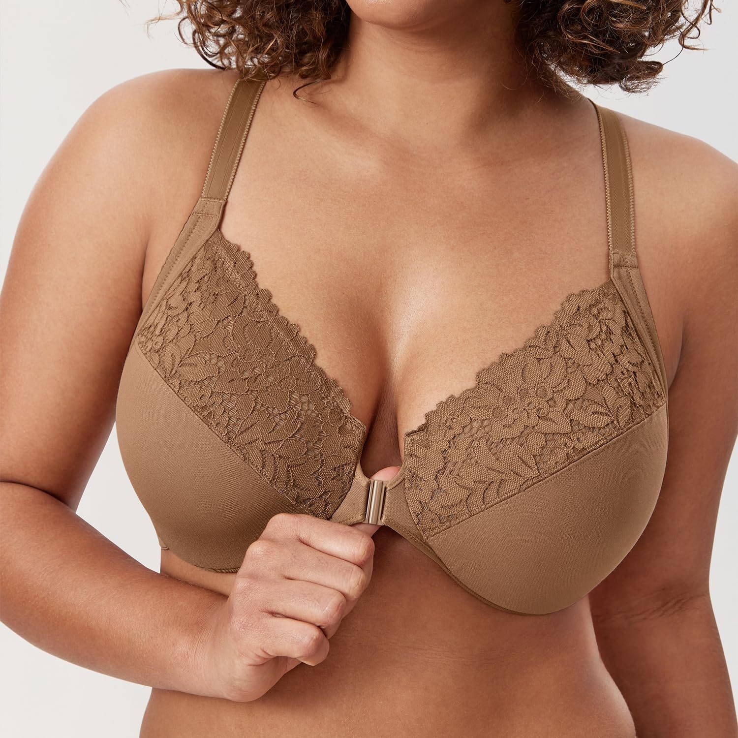 image:imageDELIMIRA Womens Front Closure Plus Size Full Coverage Lace Underwire Racerback BraGravel Beige