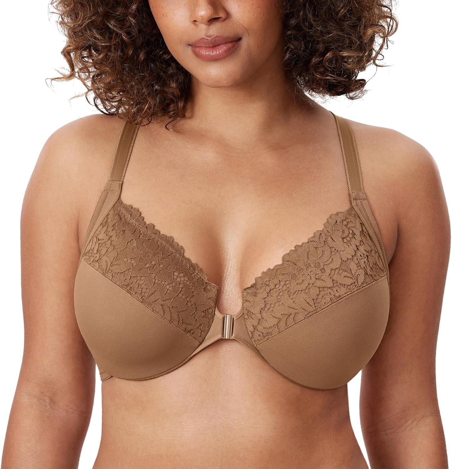 image:imageDELIMIRA Womens Front Closure Plus Size Full Coverage Lace Underwire Racerback BraGravel Beige