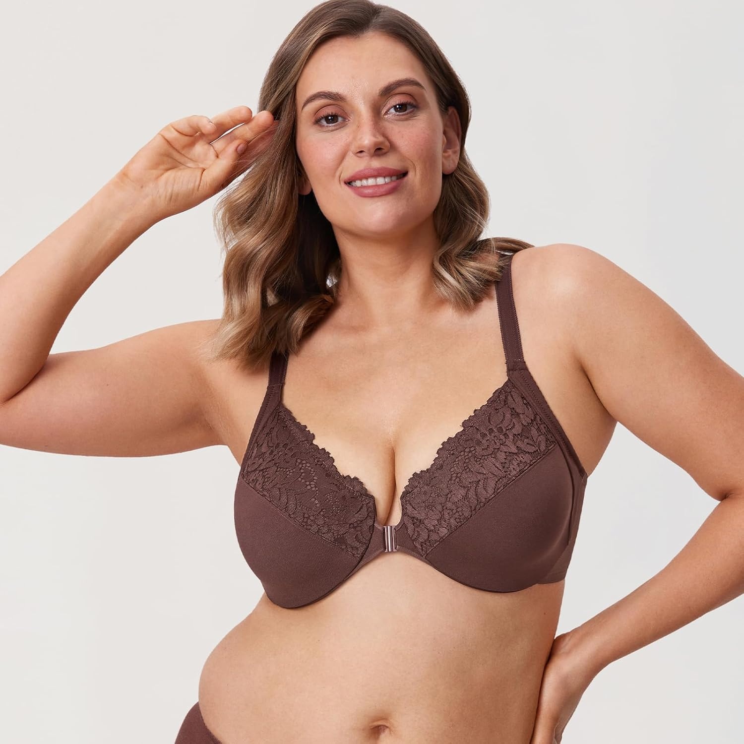 image:imageDELIMIRA Womens Front Closure Plus Size Full Coverage Lace Underwire Racerback BraHazelnut