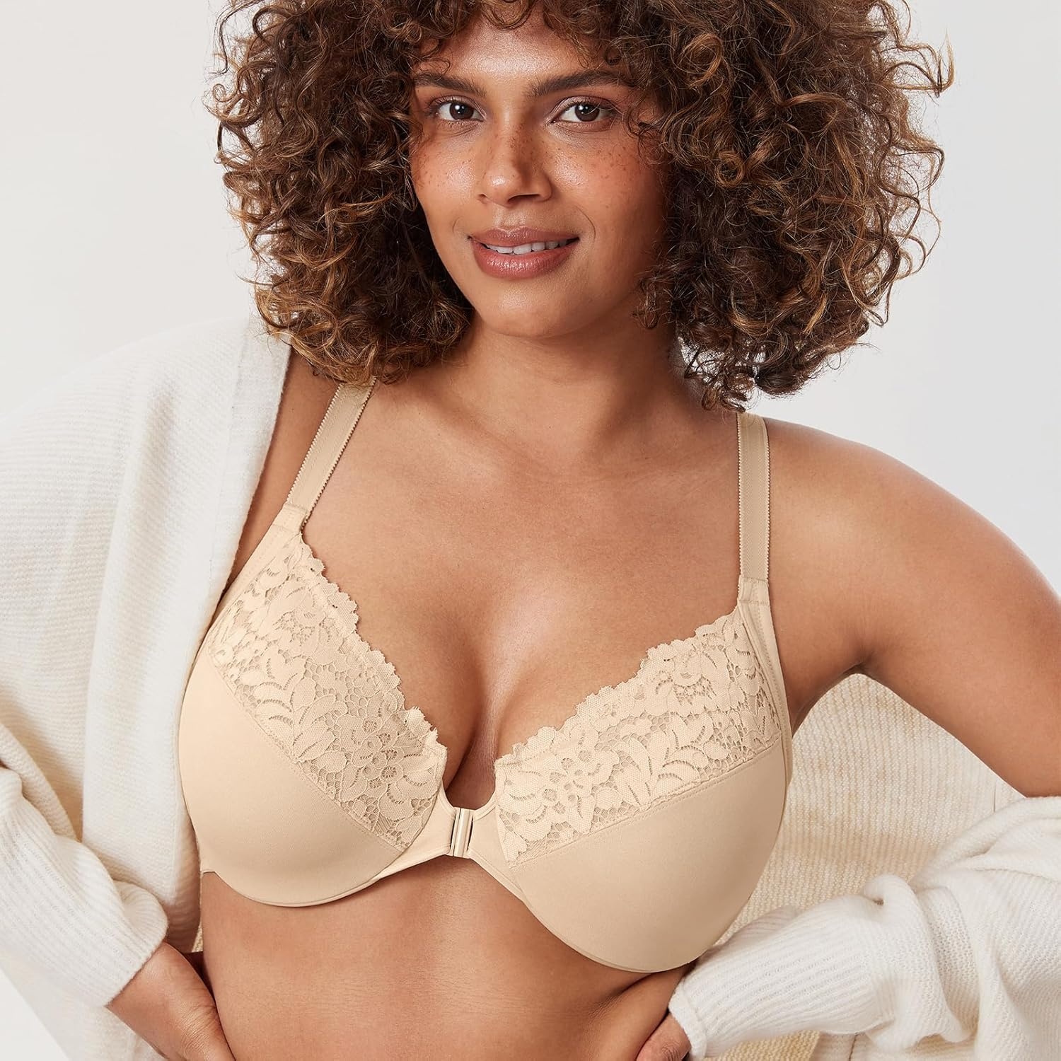 image:imageDELIMIRA Womens Front Closure Plus Size Full Coverage Lace Underwire Racerback BraLight Oatmeal