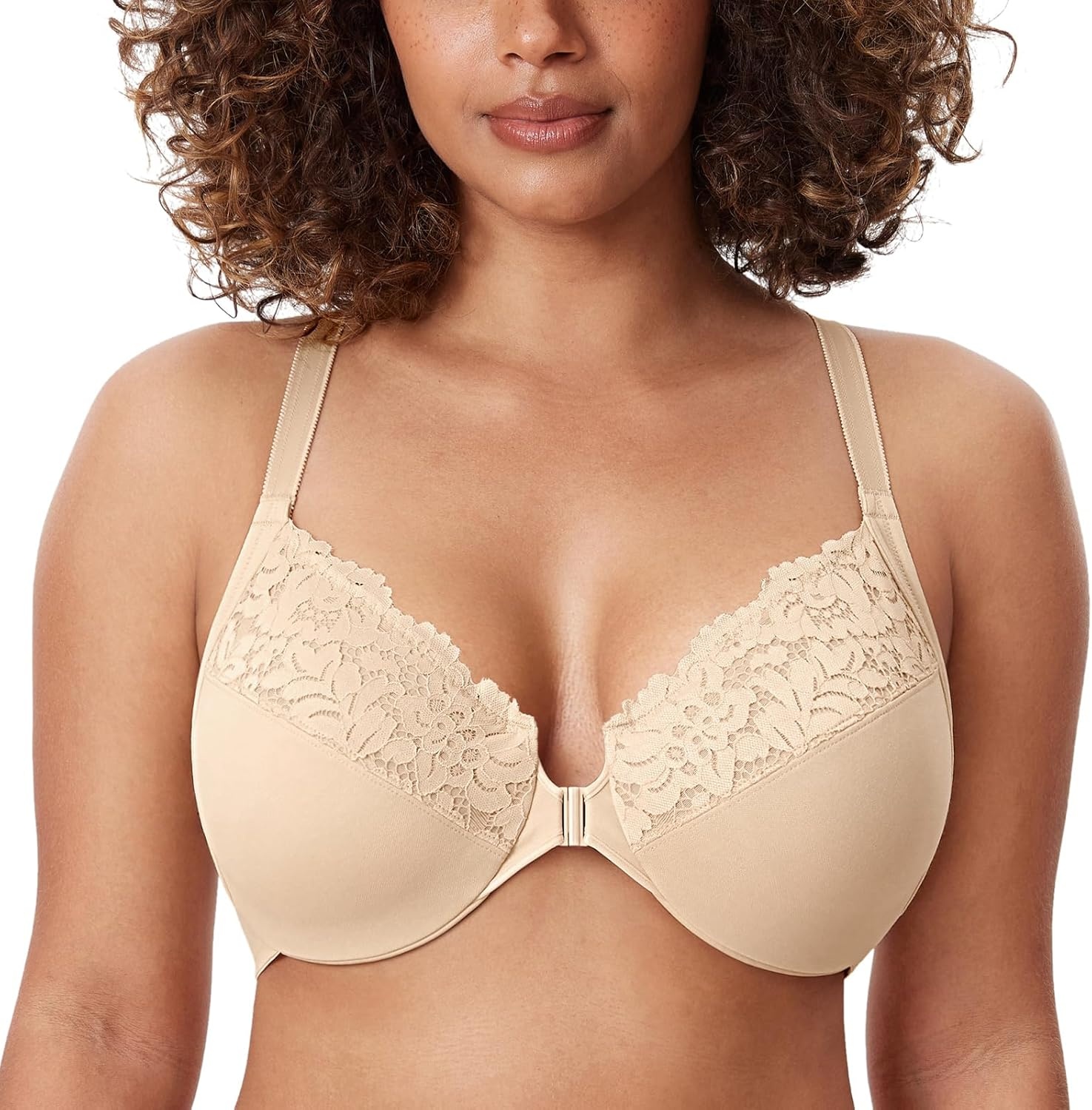image:imageDELIMIRA Womens Front Closure Plus Size Full Coverage Lace Underwire Racerback BraLight Oatmeal