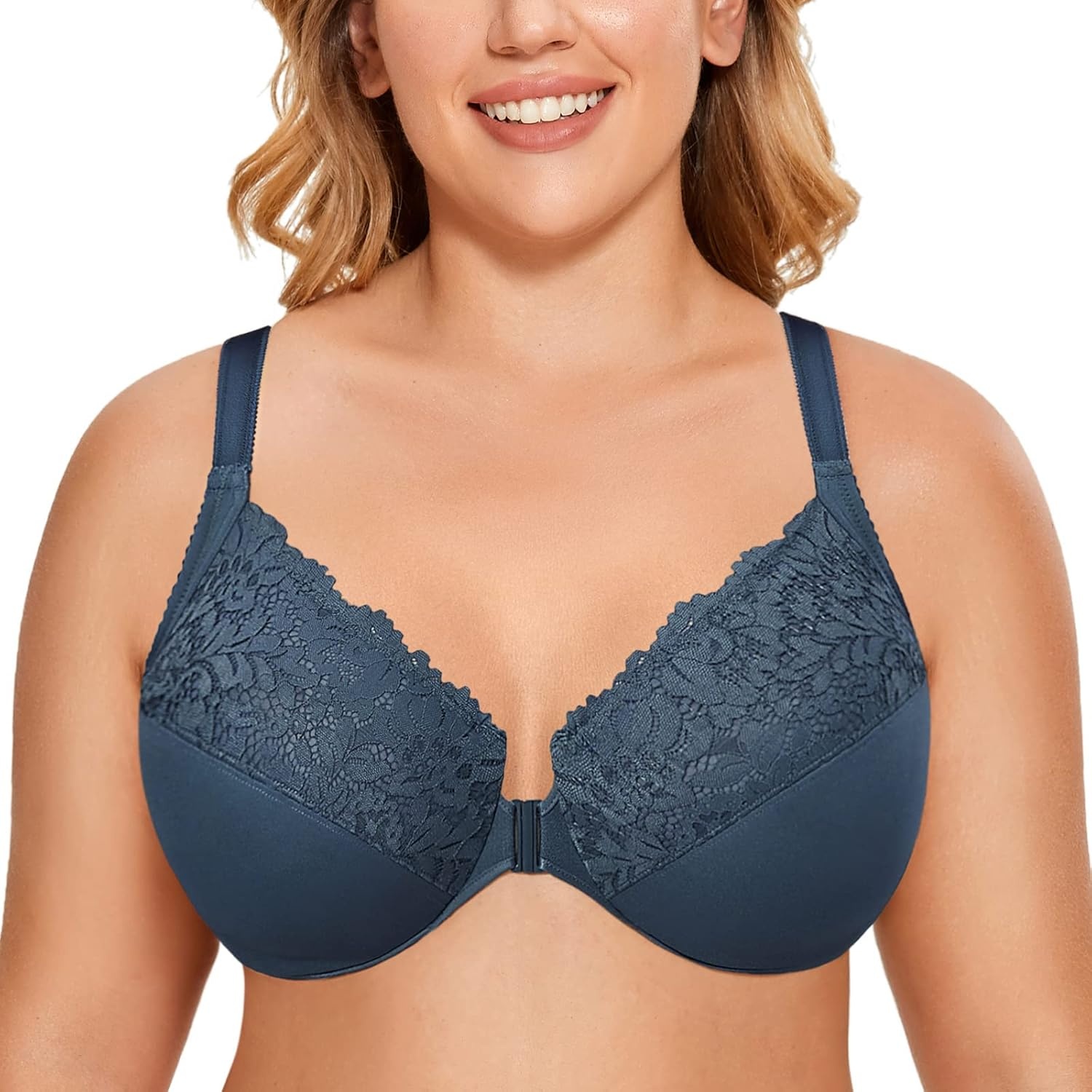 image:imageDELIMIRA Womens Front Closure Plus Size Full Coverage Lace Underwire Racerback BraSargasso