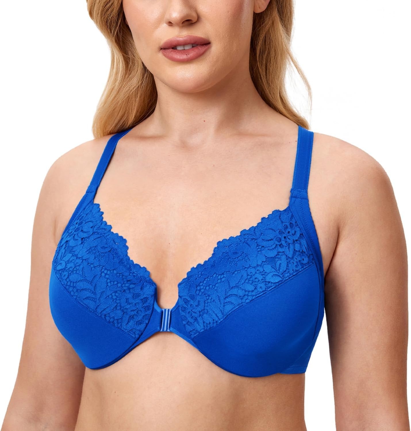 image:imageDELIMIRA Womens Front Closure Plus Size Full Coverage Lace Underwire Racerback BraSparkle Blue