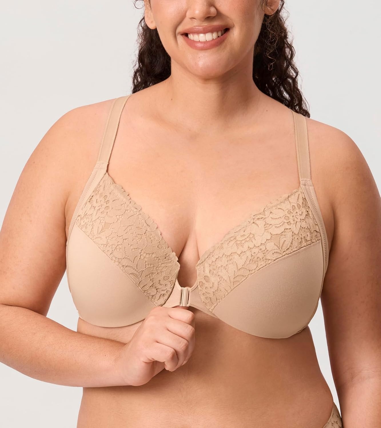 image:imageDELIMIRA Womens Front Closure Plus Size Full Coverage Lace Underwire Racerback BraWarm Beige