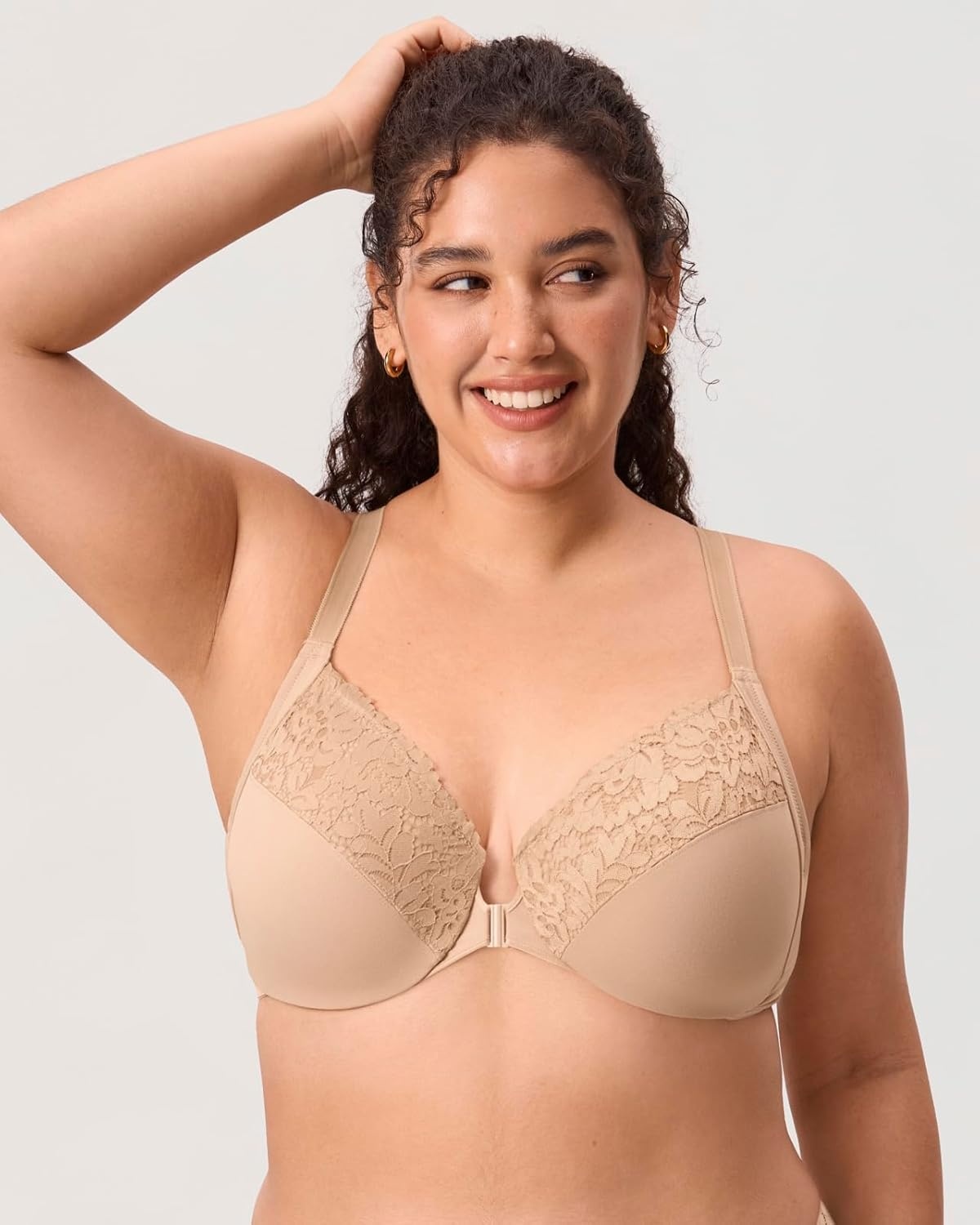 image:imageDELIMIRA Womens Front Closure Plus Size Full Coverage Lace Underwire Racerback BraWarm Beige