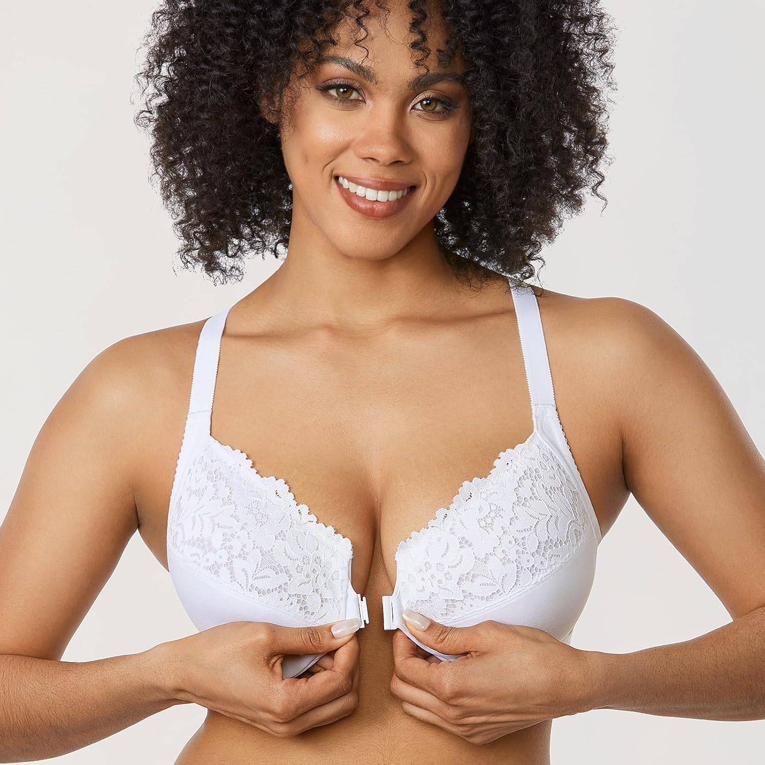 image:imageDELIMIRA Womens Front Closure Plus Size Full Coverage Lace Underwire Racerback BraWhite