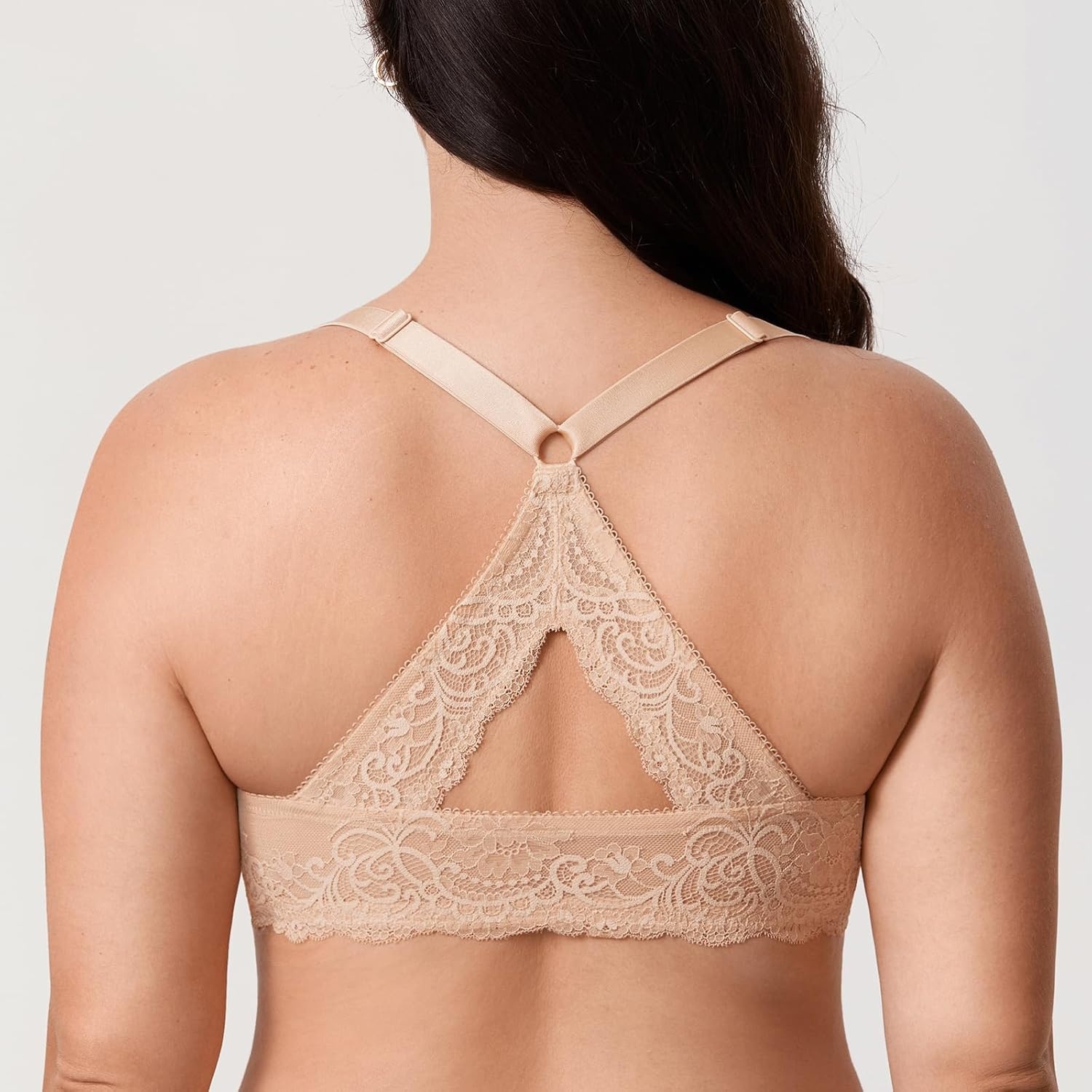 image:imageDELIMIRA Womens Front Closure Racerback Bra Sheer Mesh Plus Size Full Coverage Underwire Unlined BrasBeige