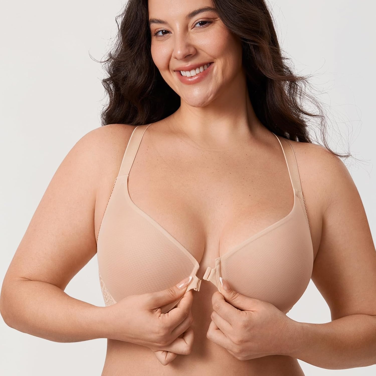 image:imageDELIMIRA Womens Front Closure Racerback Bra Sheer Mesh Plus Size Full Coverage Underwire Unlined BrasBeige