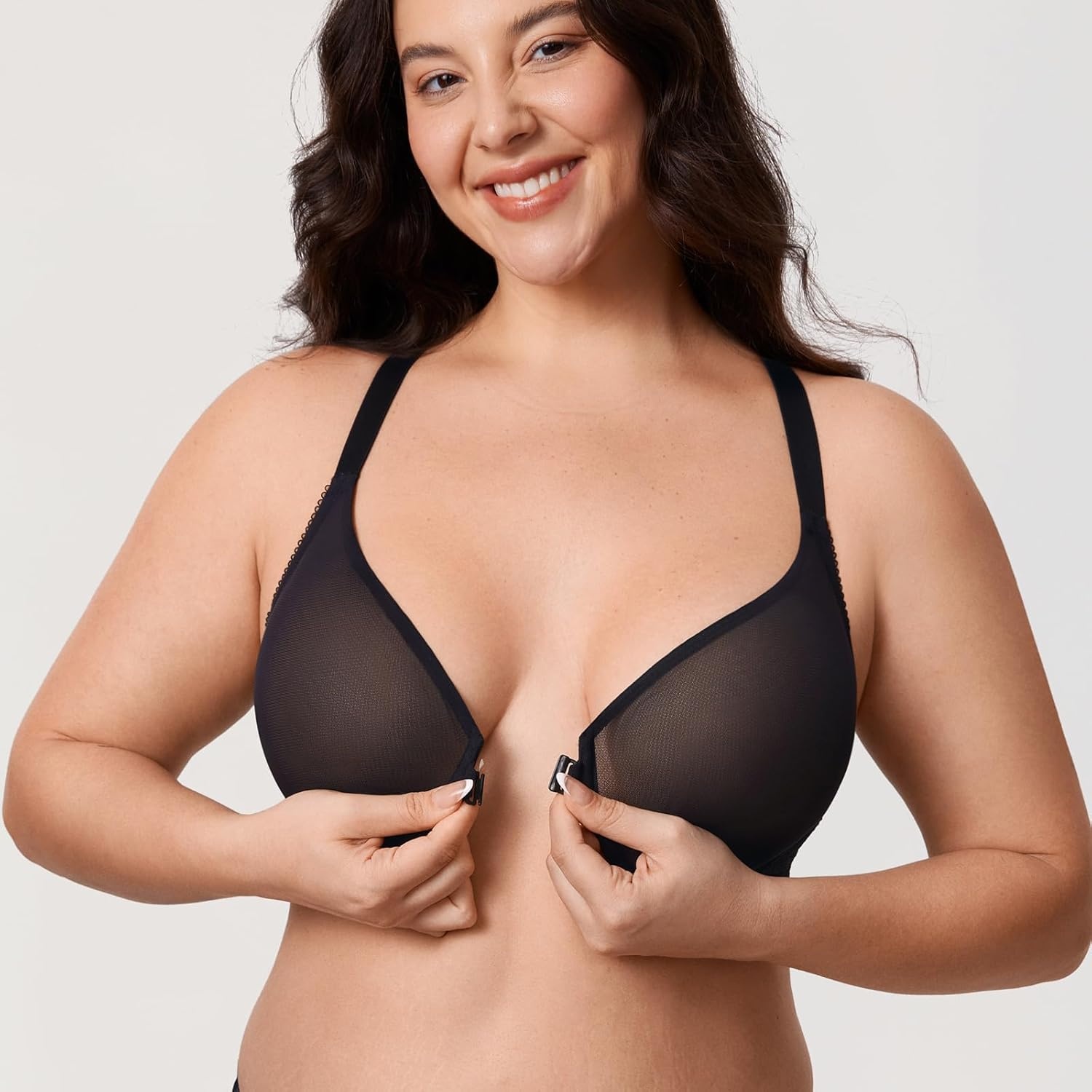 image:imageDELIMIRA Womens Front Closure Racerback Bra Sheer Mesh Plus Size Full Coverage Underwire Unlined BrasBlack