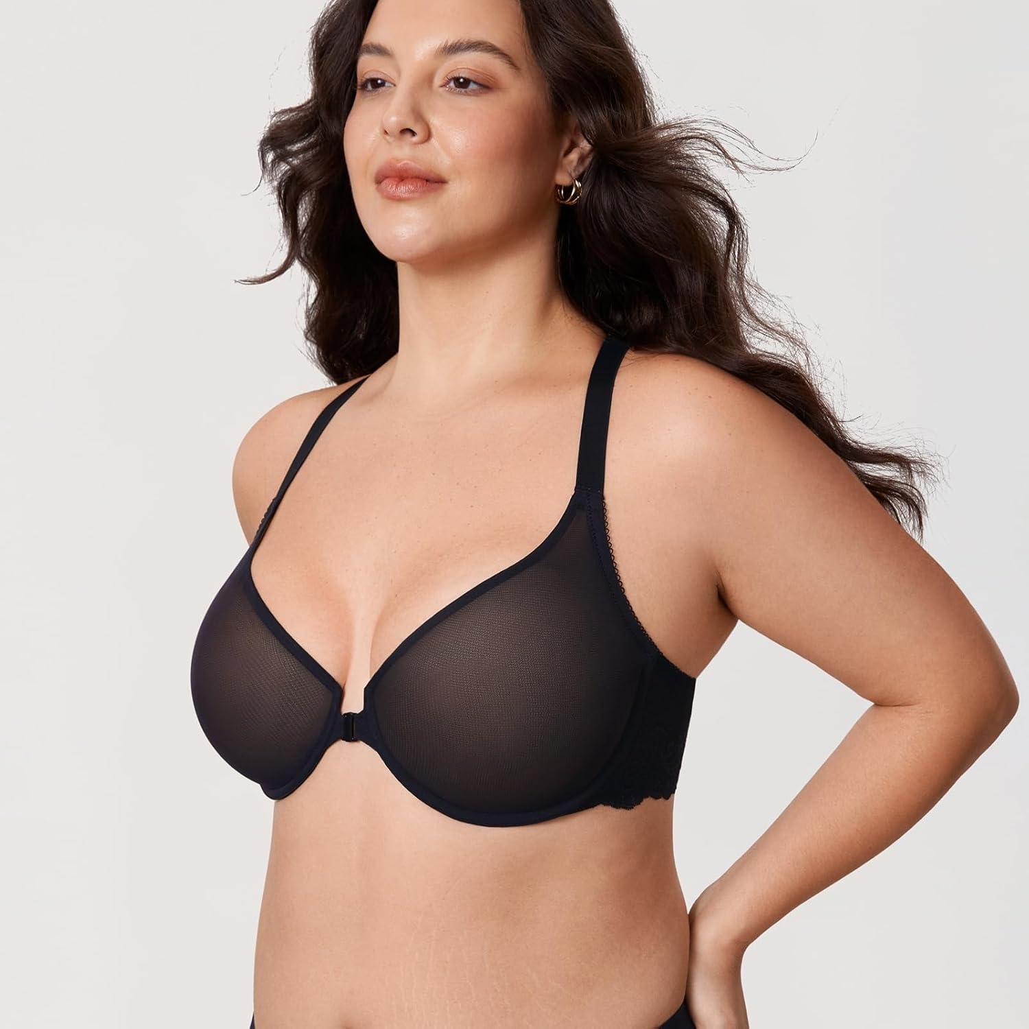 image:imageDELIMIRA Womens Front Closure Racerback Bra Sheer Mesh Plus Size Full Coverage Underwire Unlined BrasBlack