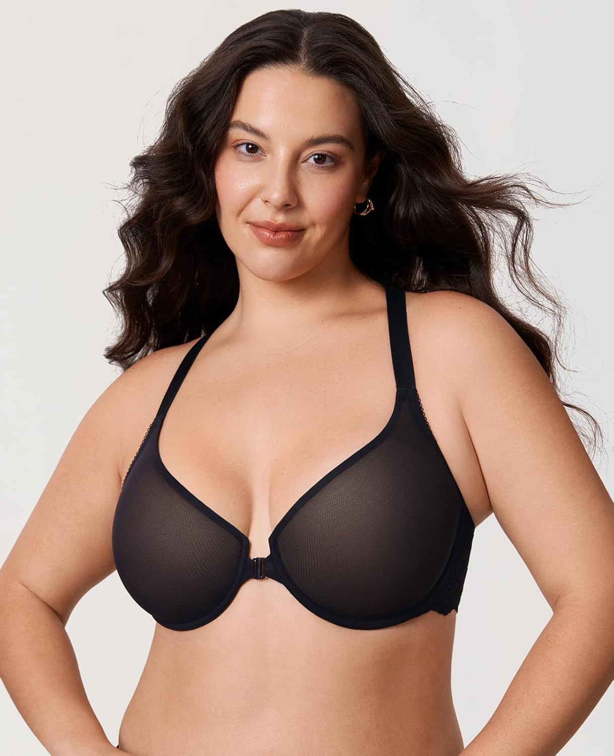 image:imageDELIMIRA Womens Front Closure Racerback Bra Sheer Mesh Plus Size Full Coverage Underwire Unlined BrasBlack