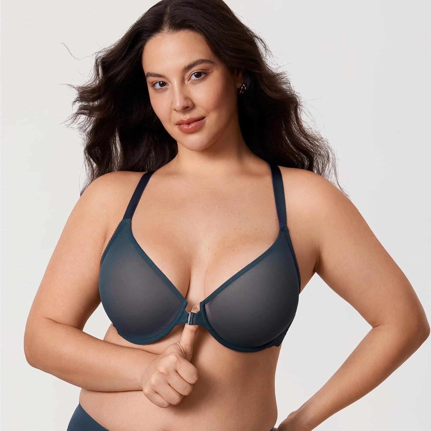 image:imageDELIMIRA Womens Front Closure Racerback Bra Sheer Mesh Plus Size Full Coverage Underwire Unlined BrasSargasso