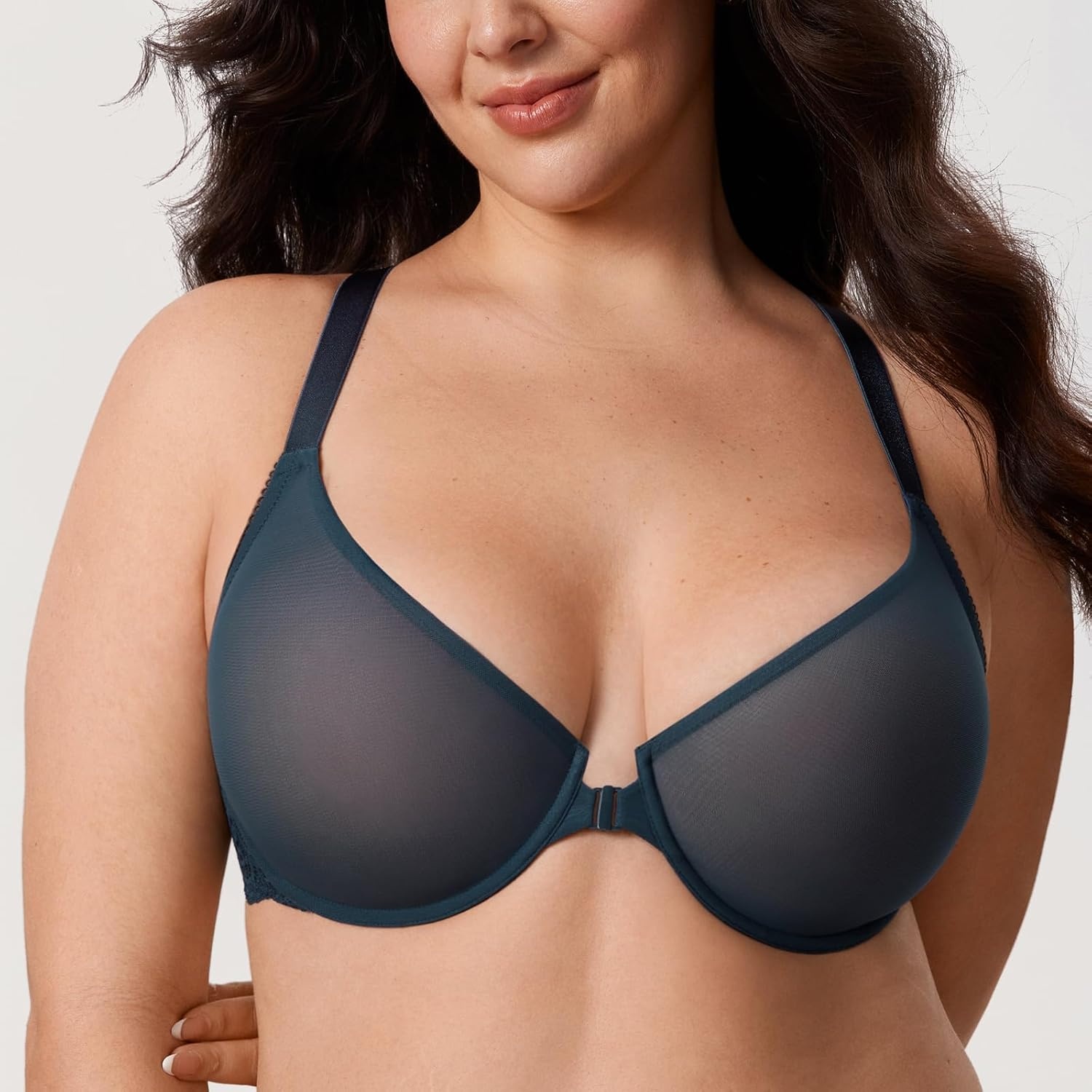 image:imageDELIMIRA Womens Front Closure Racerback Bra Sheer Mesh Plus Size Full Coverage Underwire Unlined BrasSargasso