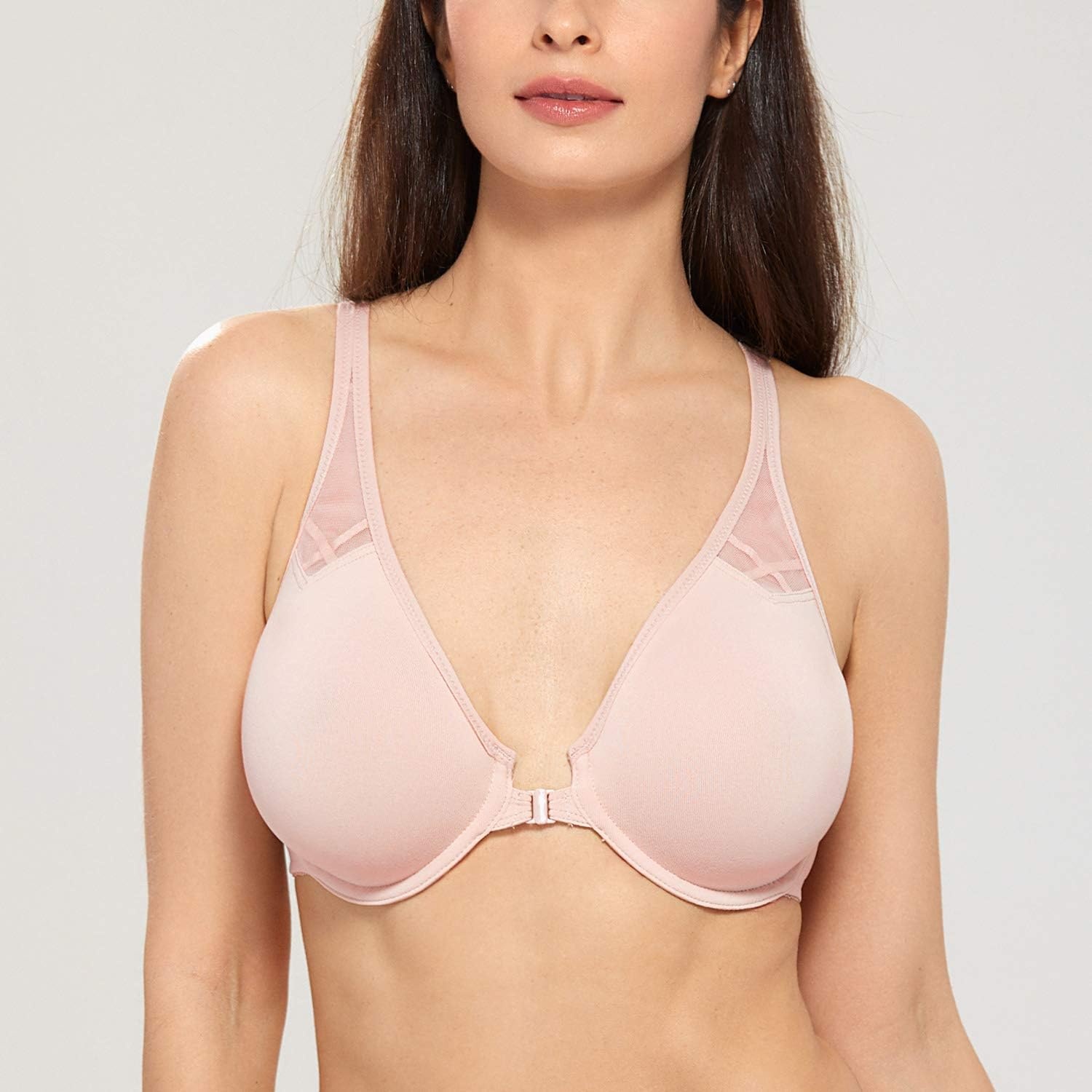 image:imageDELIMIRA Womens Front Closure Racerback Bras Plus Size Full Coverage Supportive Underwire Plunge Unlined BraGentle Rose