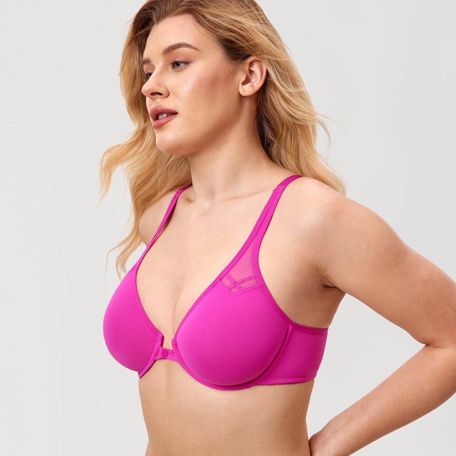 image:imageDELIMIRA Womens Front Closure Racerback Bras Plus Size Full Coverage Supportive Underwire Plunge Unlined BraHibiscus Purple